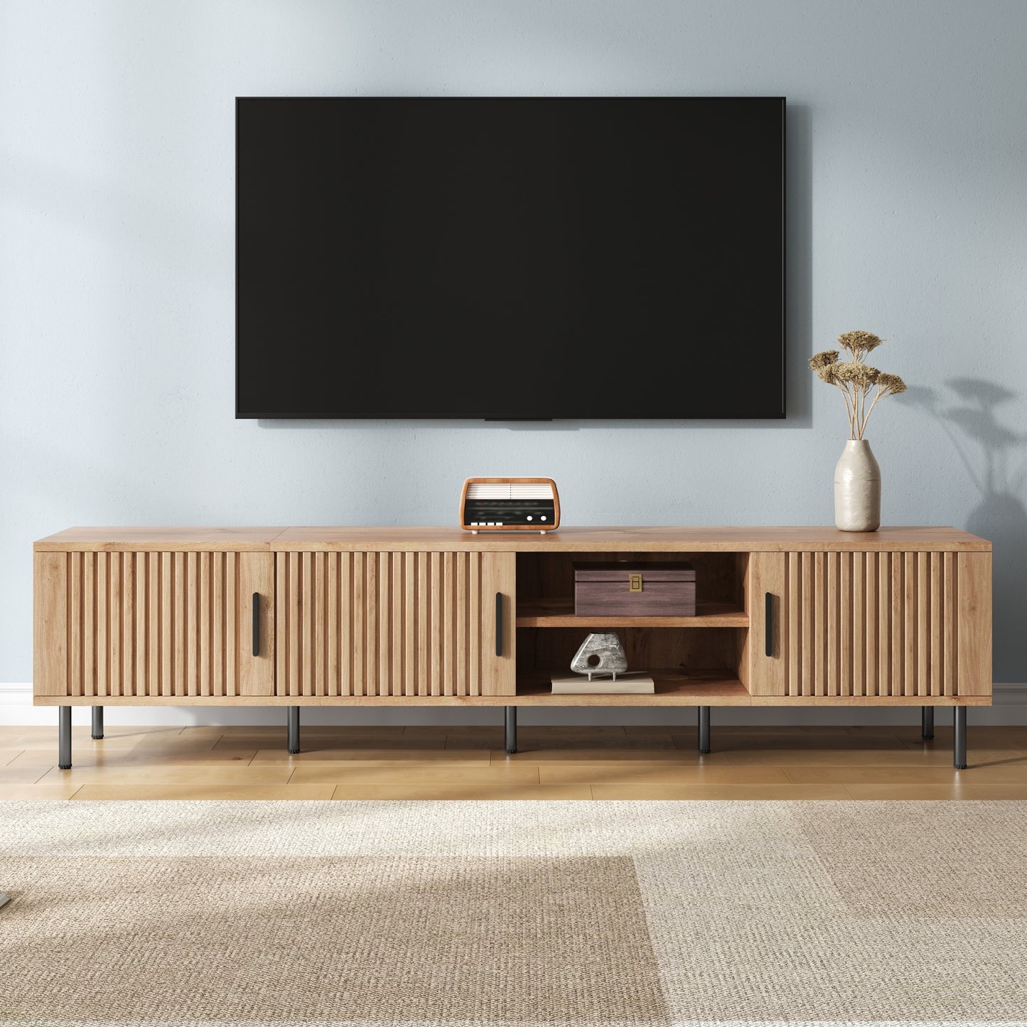 78-Inch Modern TV Stand for TVs Up to 85" - Natural Wood Finish