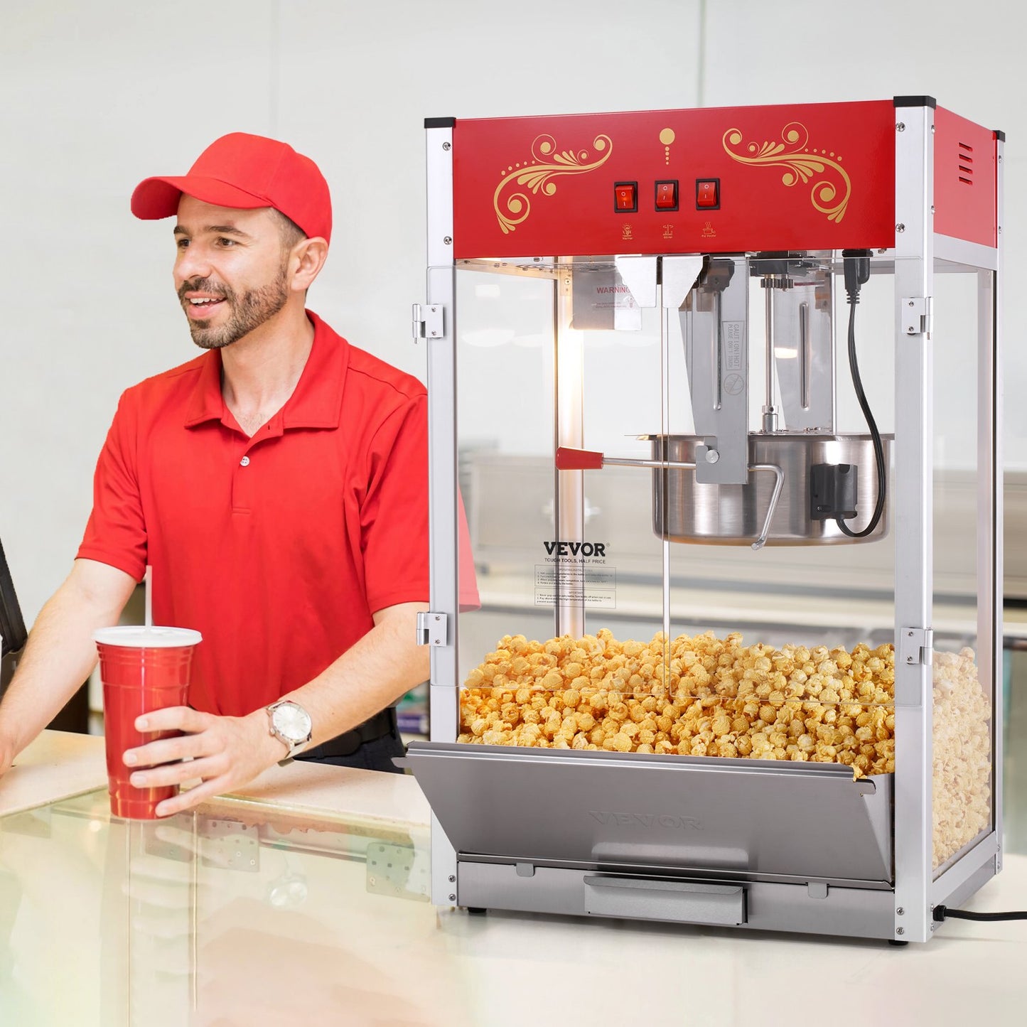 Commercial Popcorn Maker Machine 1615W 16oz Countertop Red