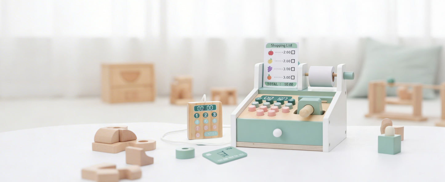 Wooden Cash Register Toy With Scanner Play Money Shopping Cards