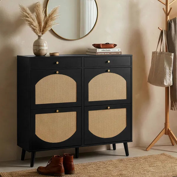 Black Rattan-Front Shoe Cabinet with 2 Drawers and 4 Flip-Down Compartments