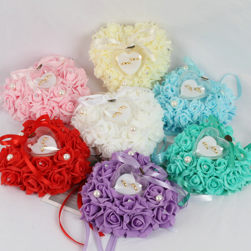 Wedding Pearl Ring Pillow with PE Foam Rose for Bridal Ceremony