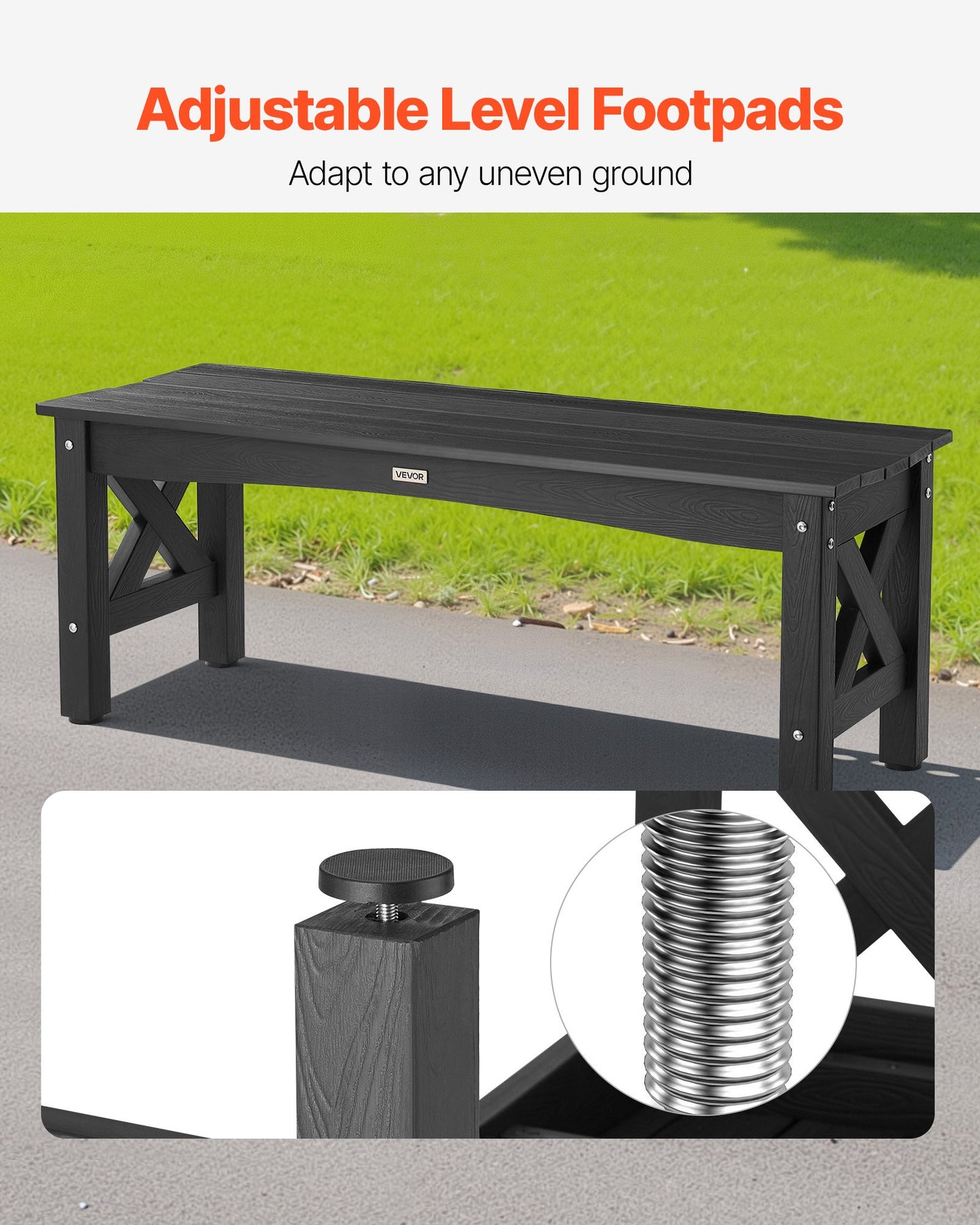 Weatherproof Outdoor Bench 44.5 Inch Plastic Patio Seating Black Supports 600 Lbs