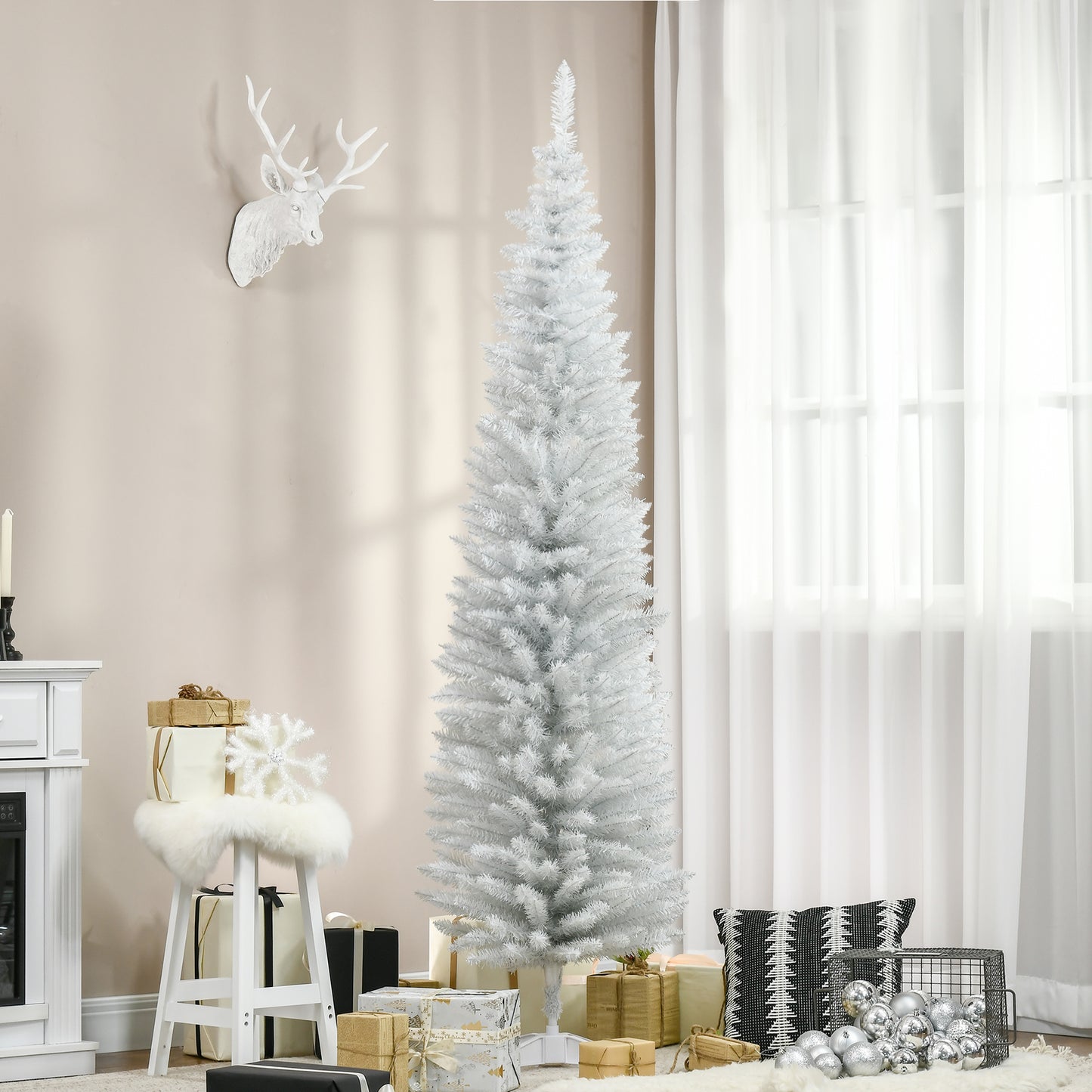 7ft Unlit Pencil Christmas Tree - Slim White Design with 499 Tips