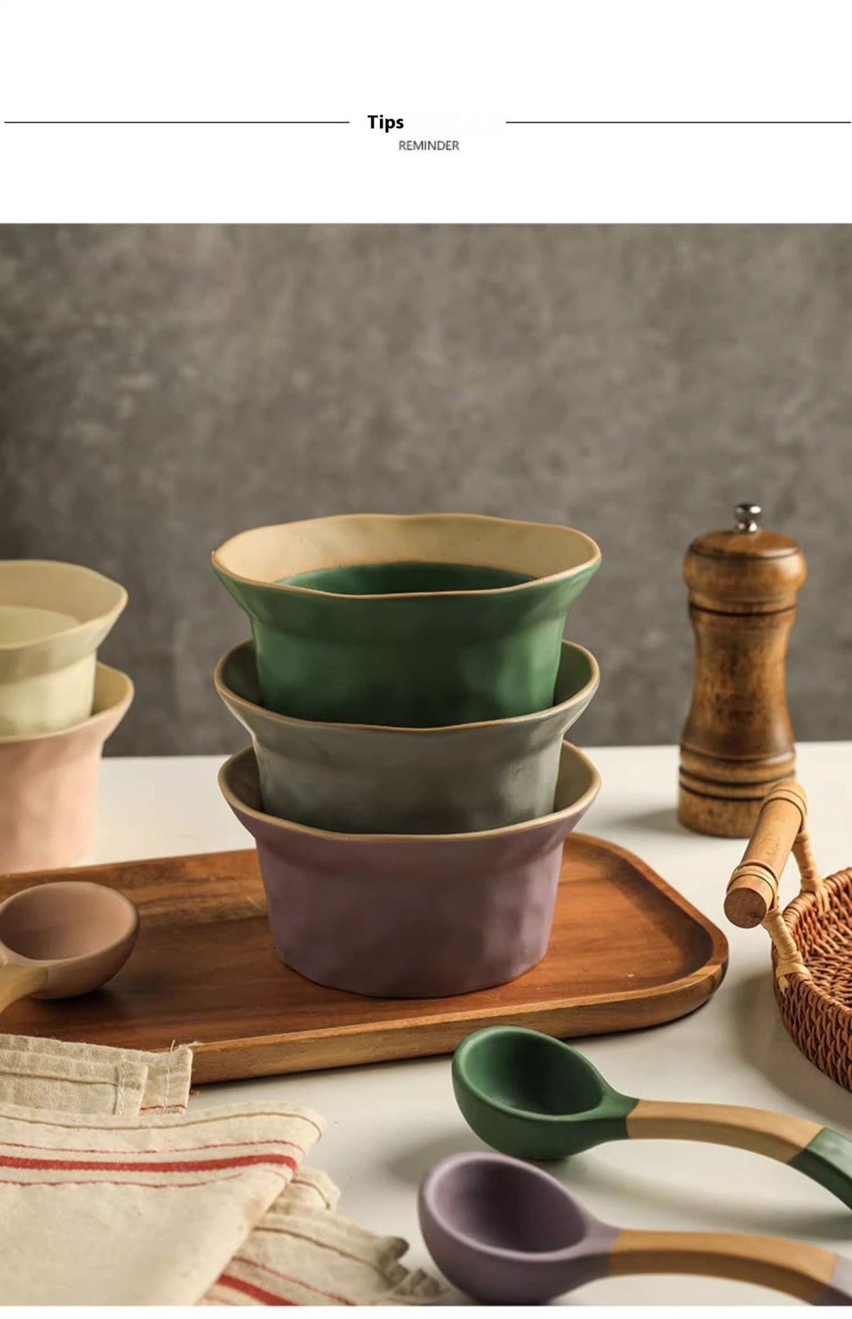 Retro Ceramic Kitchen Bowl Set with Spoons - Handmade Stoneware Dinnerware