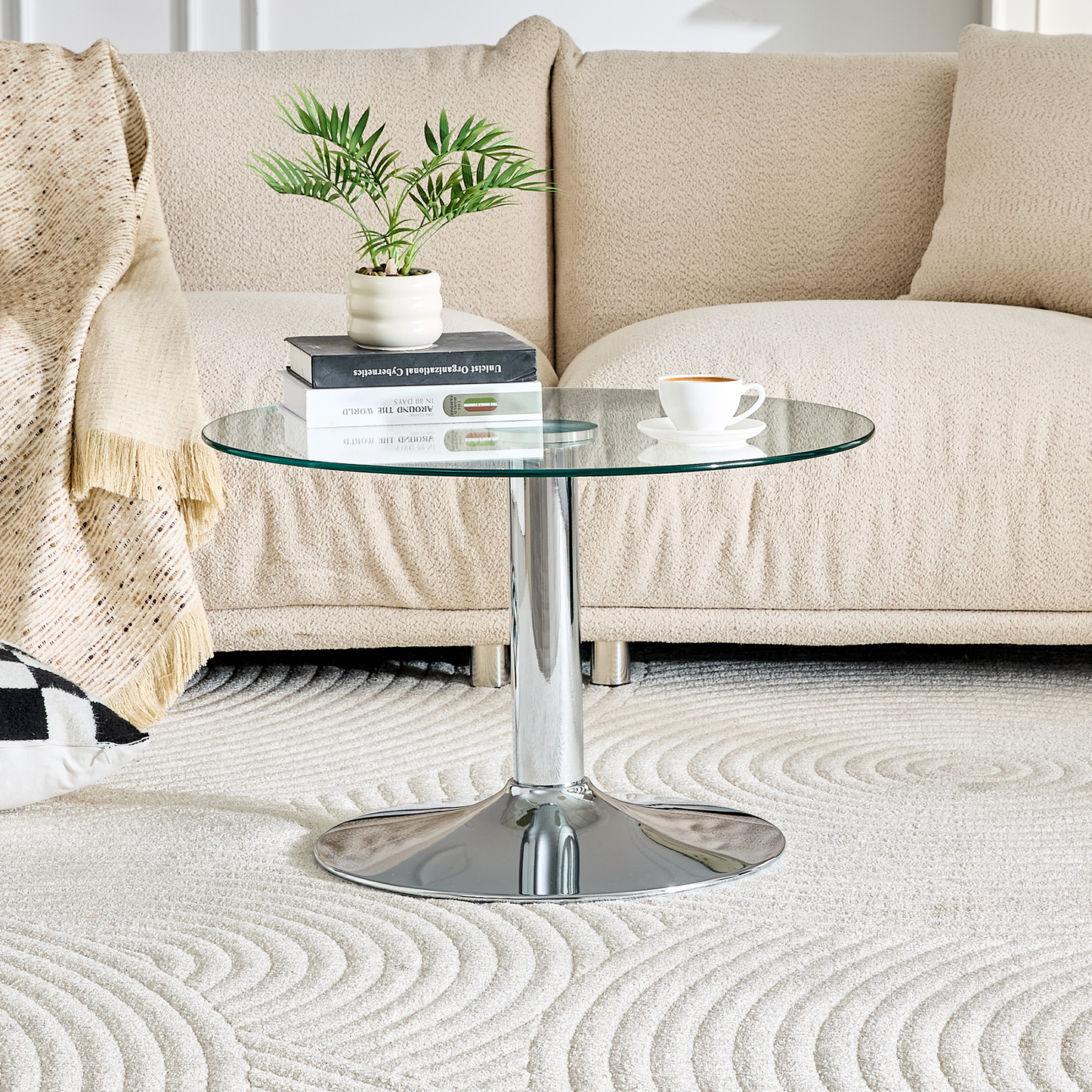Round Tempered Glass Coffee Table - 27.5 Inch, Silver Base