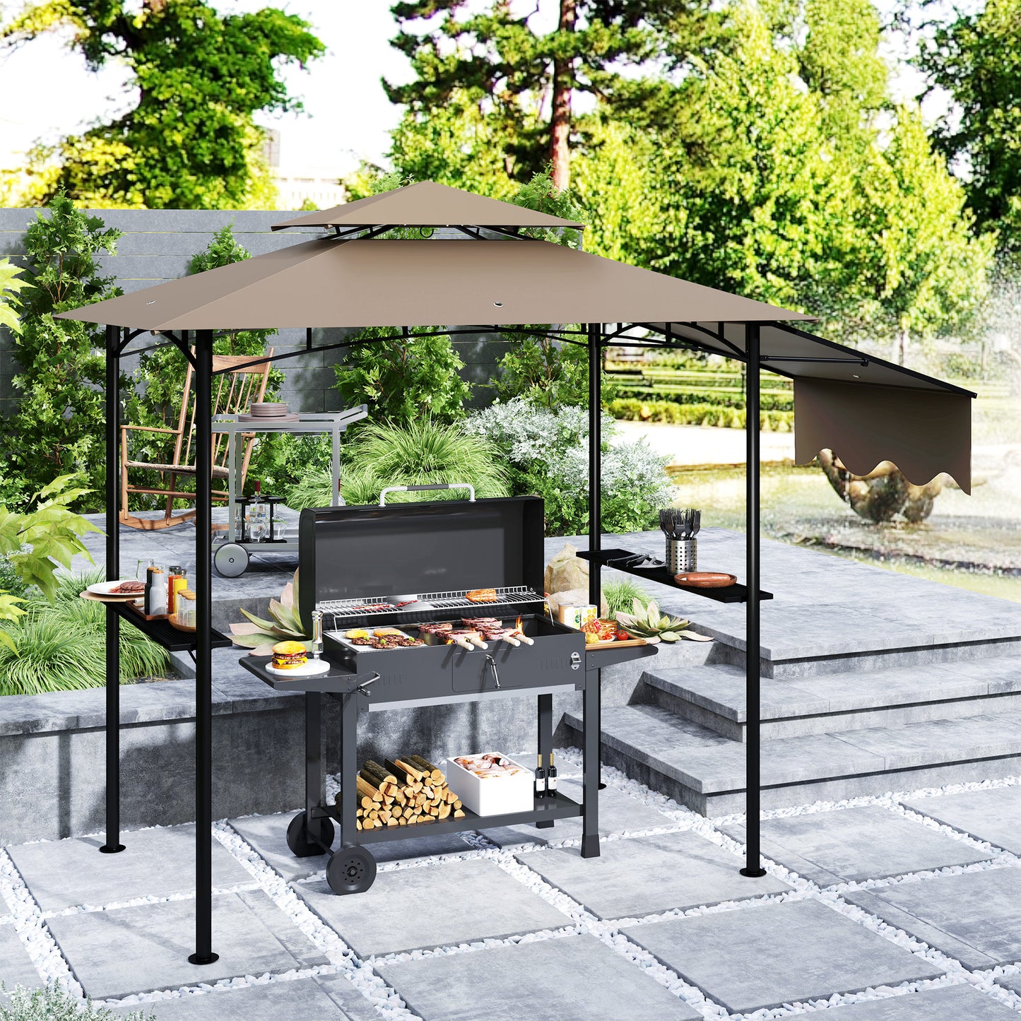 Outdoor Grill Gazebo with Side Shelves & Hooks - Brown