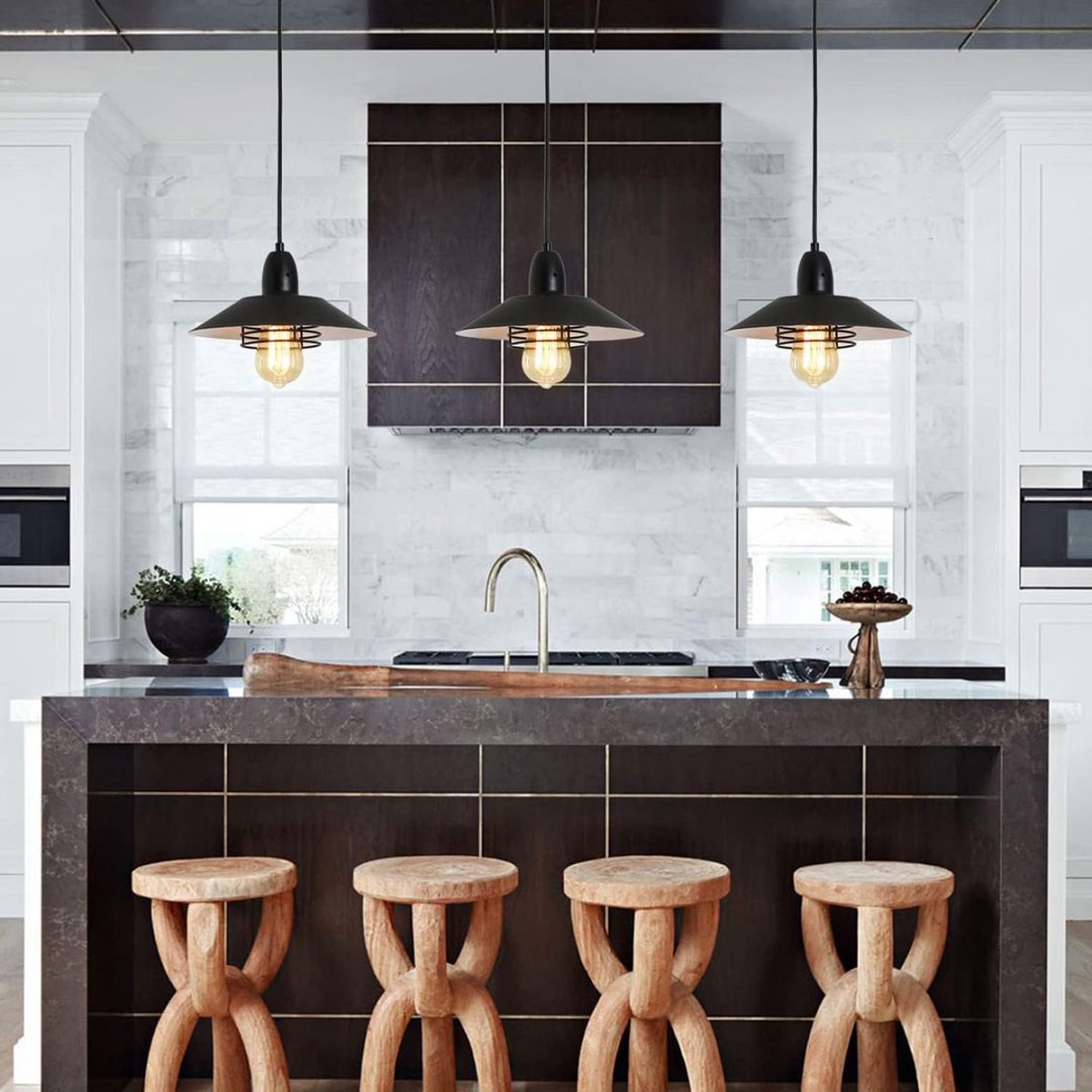 Farmhouse Vintage Pendant Light - Adjustable Black Metal Fixture for Kitchen & Dining