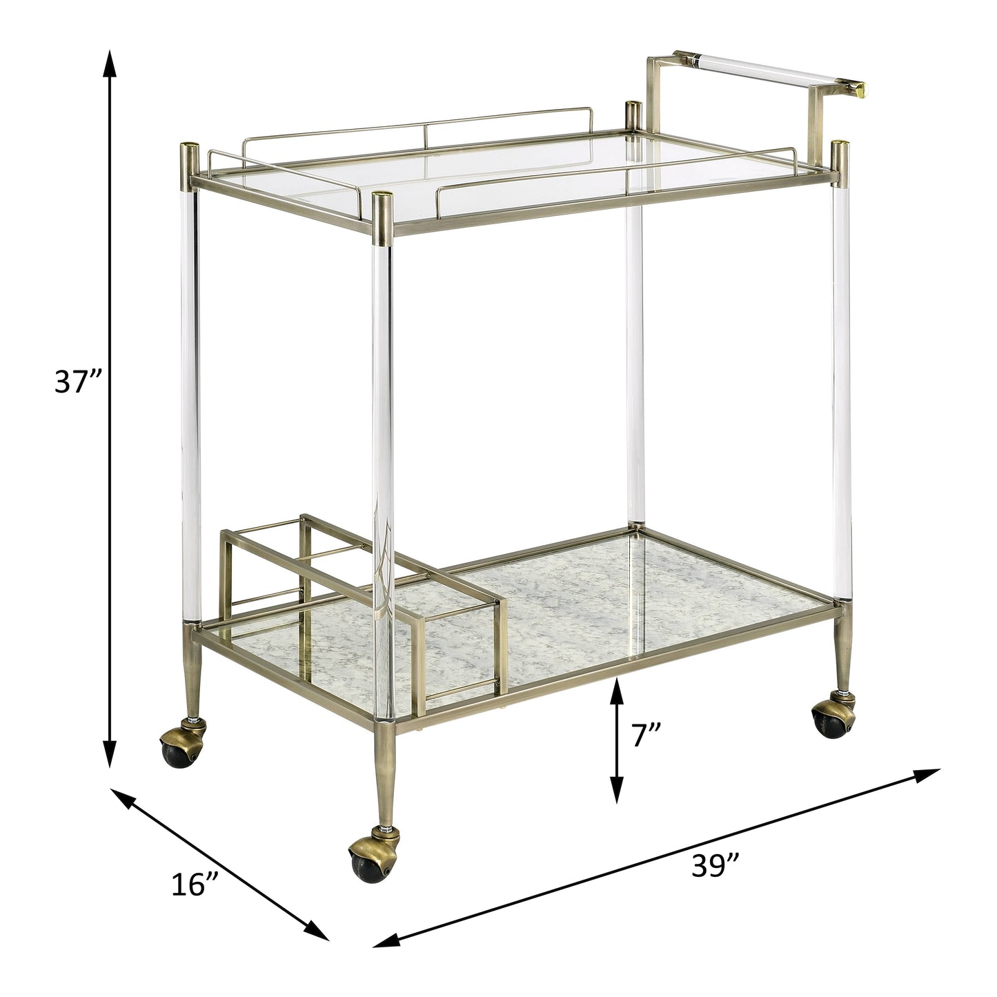 Antique Mirror & Wire Brass Finish Serving Cart - White