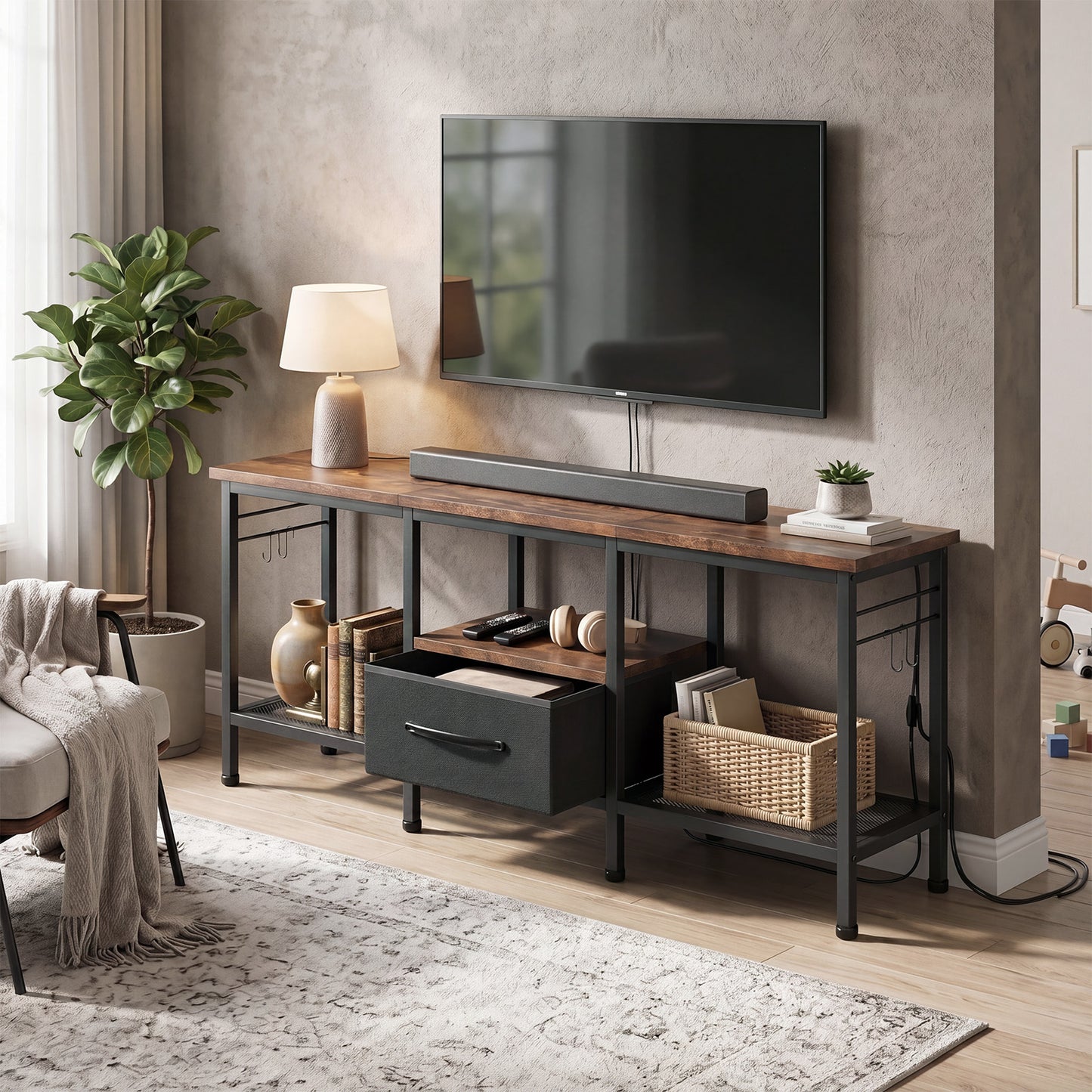 Industrial Style TV Stand with Fabric Drawer & Open Shelves