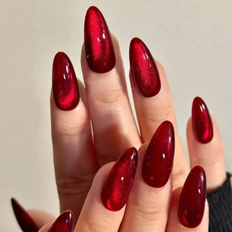 Red Cat Eye Nail Patches - Almond Removable Nail Art Kit for Ladies