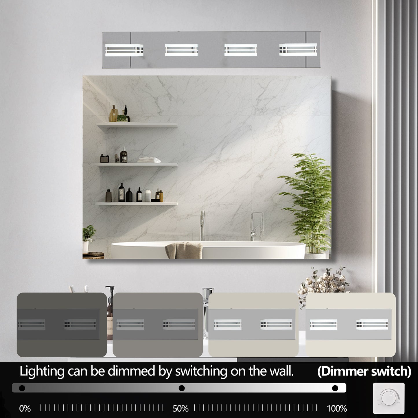 Modern Chrome 4-Light LED Vanity Light with Square Acrylic Shades