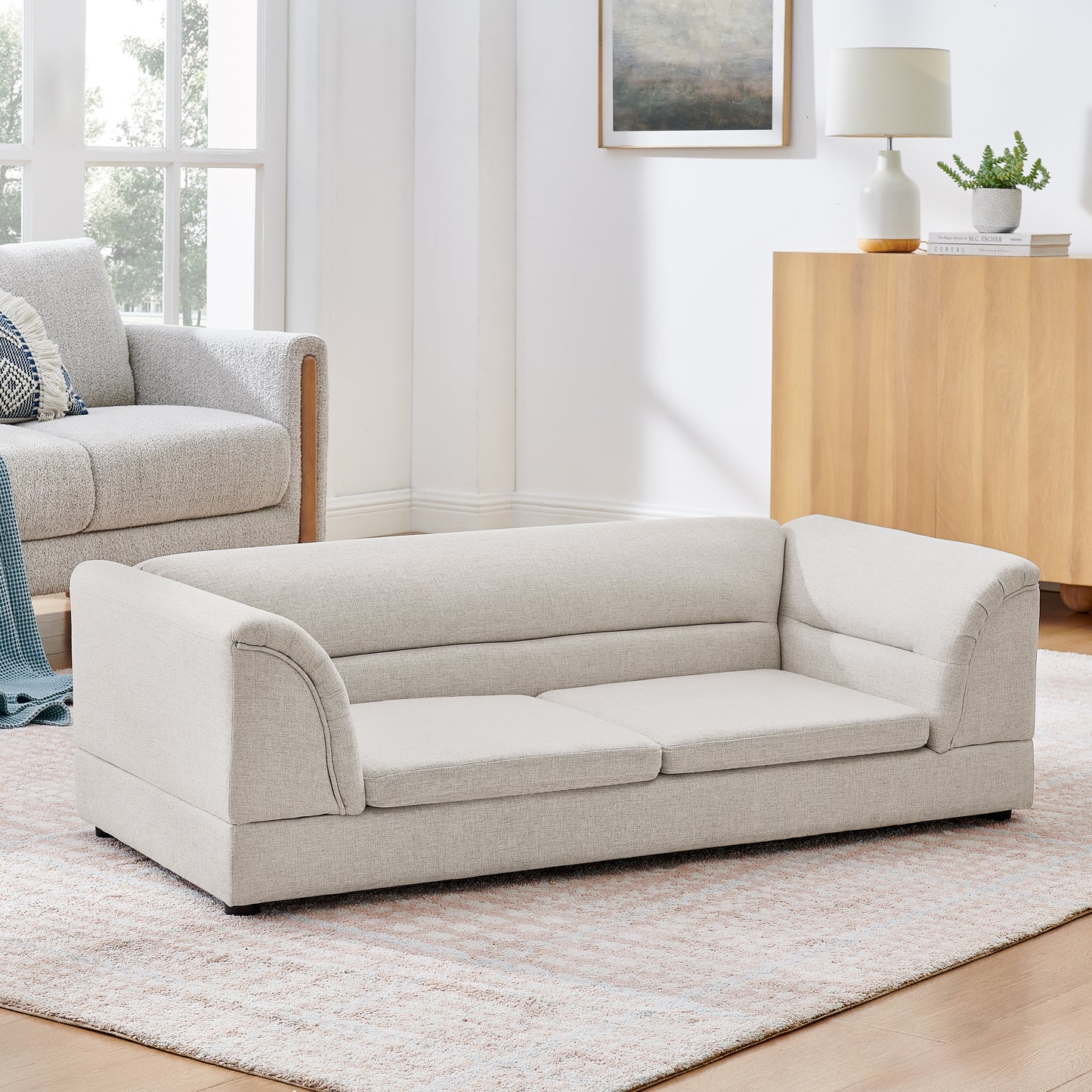 Oversized Pet Sofa Bed with Curved Armrest in Linen Fabric for Large Dogs - Beige