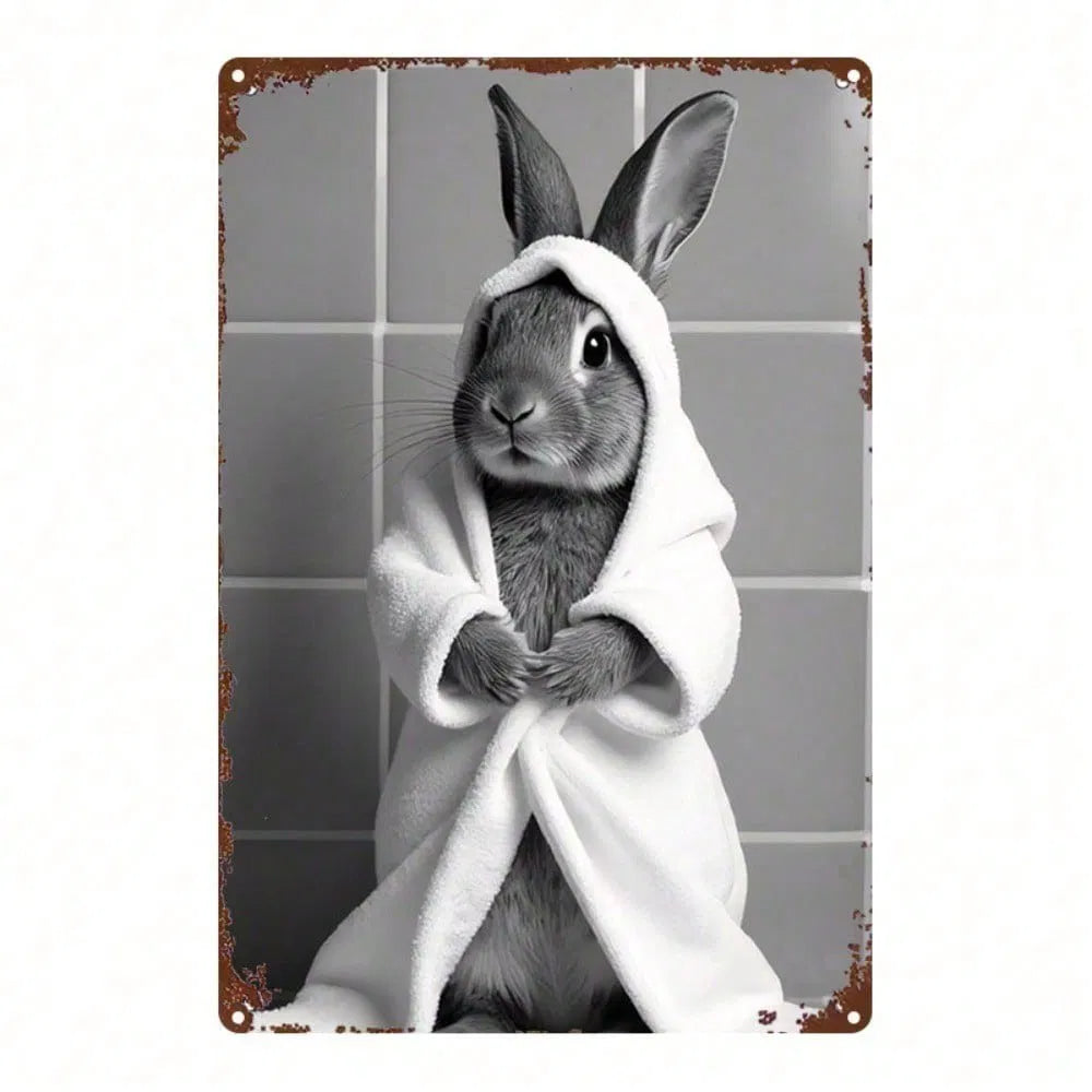 Black and White Rabbit Metal Sign - 8x12 Inch Wall Art