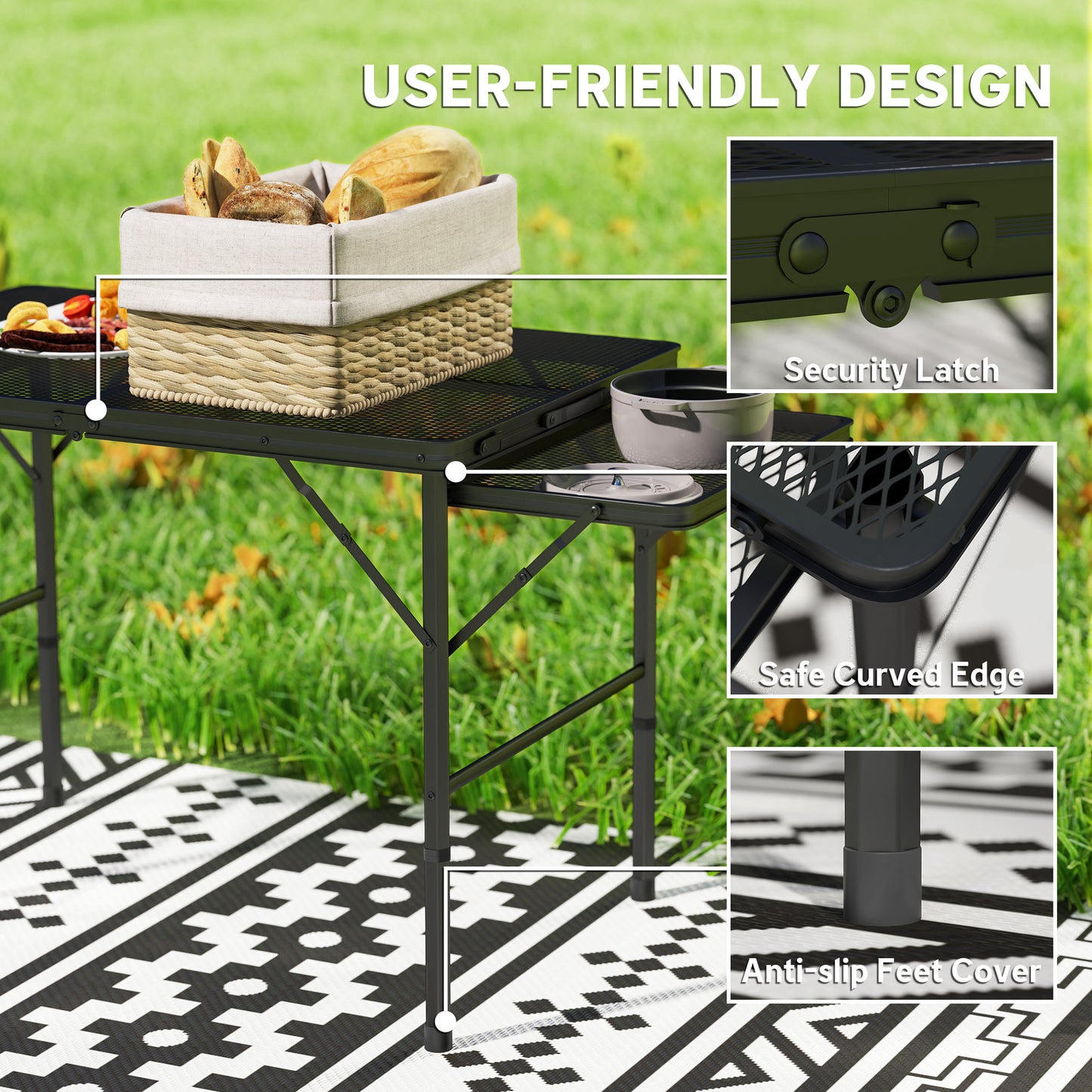 4.5ft Folding Camping Table - Adjustable Height with Side Wings