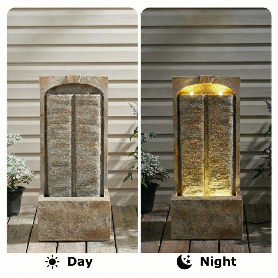 39 Inch Outdoor Water Fountain with Pump, Modern Cascading Garden Water Feature with LED Lights