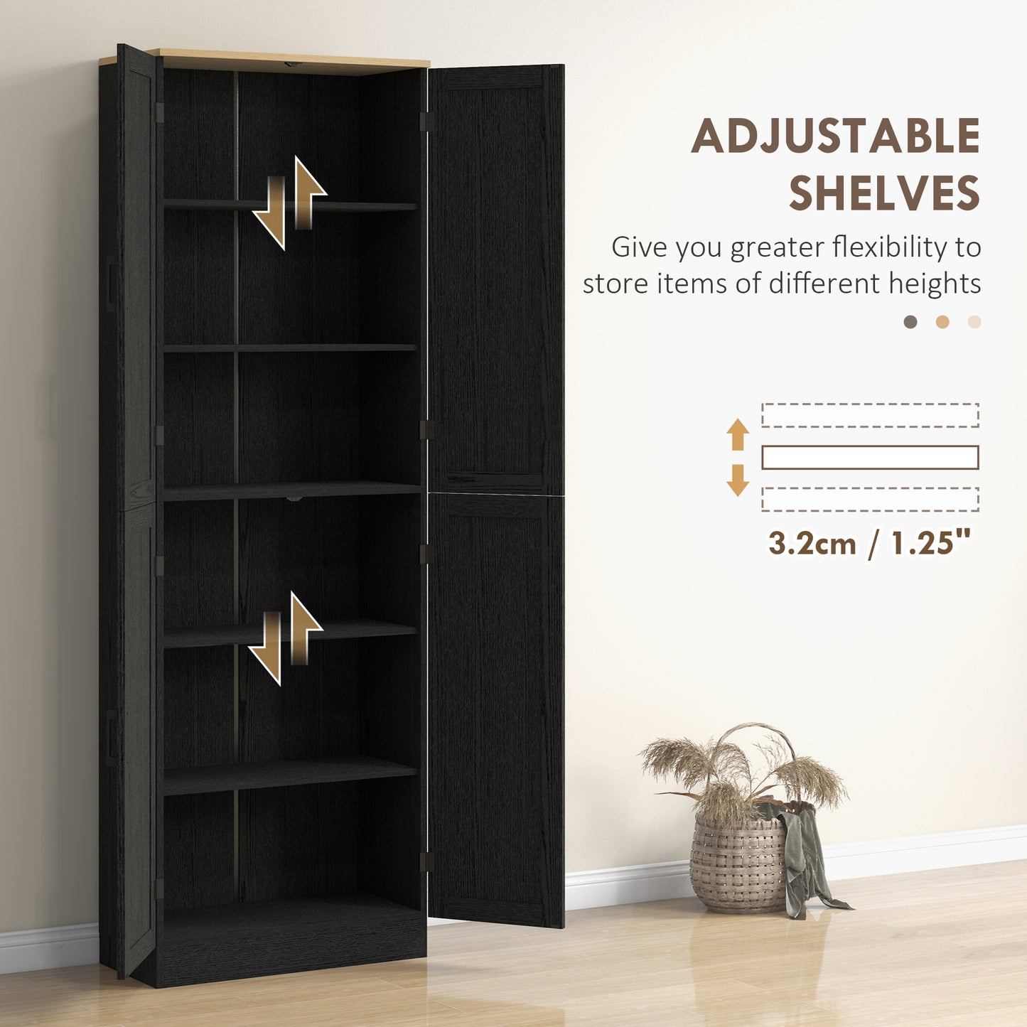 Freestanding Kitchen Pantry Cabinet with Adjustable Shelves - Distressed Black
