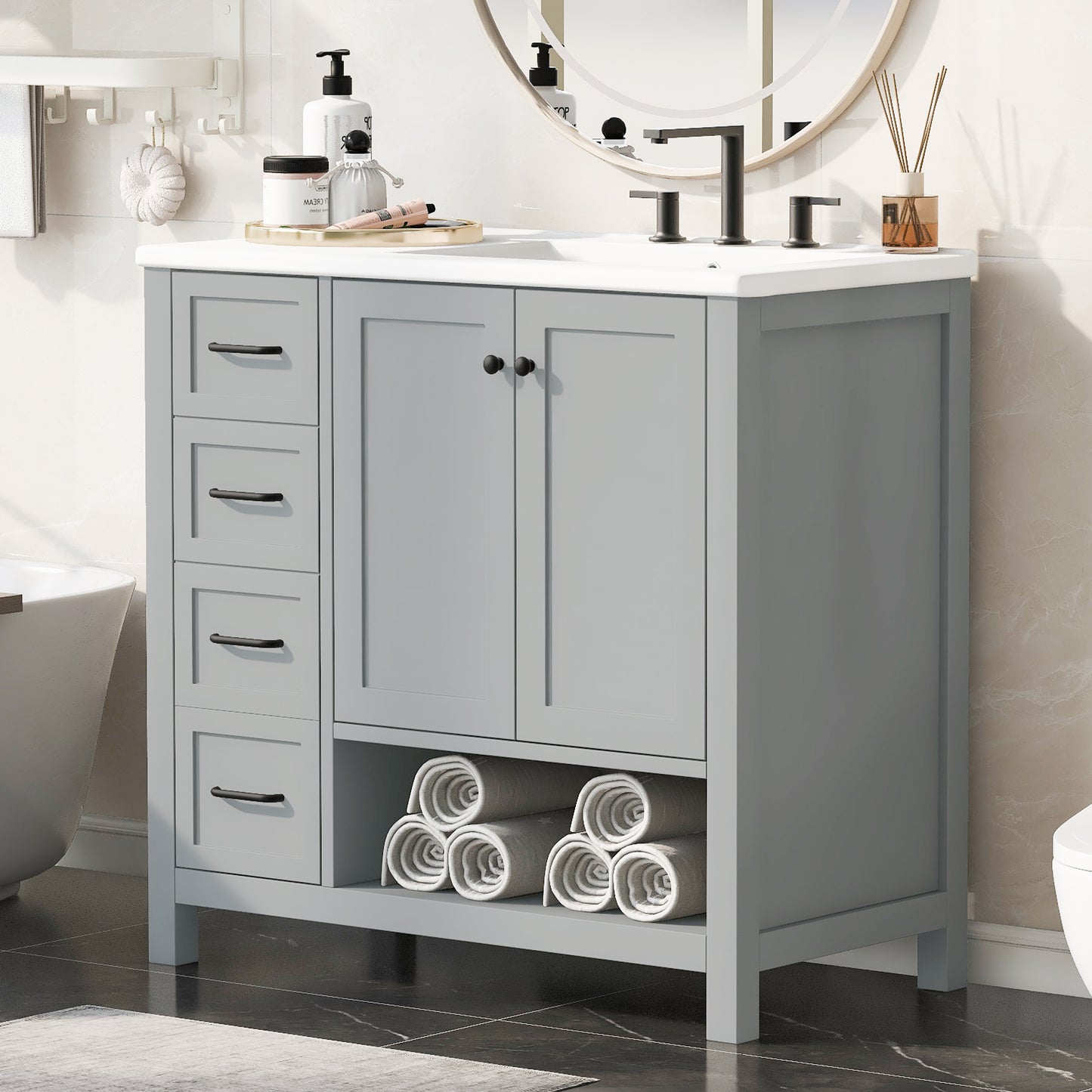 36" Grey Bathroom Vanity with Sink Top, Solid Wood Cabinet