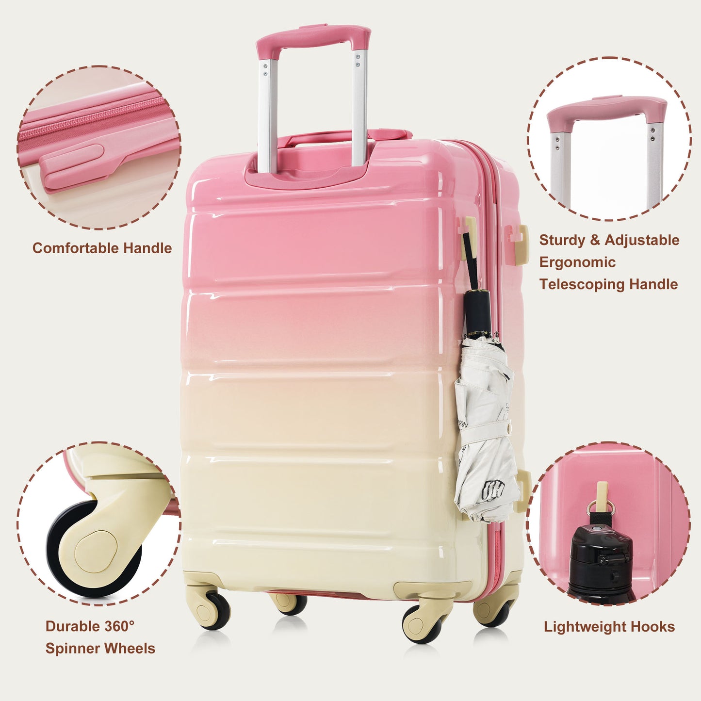 20-Inch Hard Shell Luggage Set with USB Port - Pink
