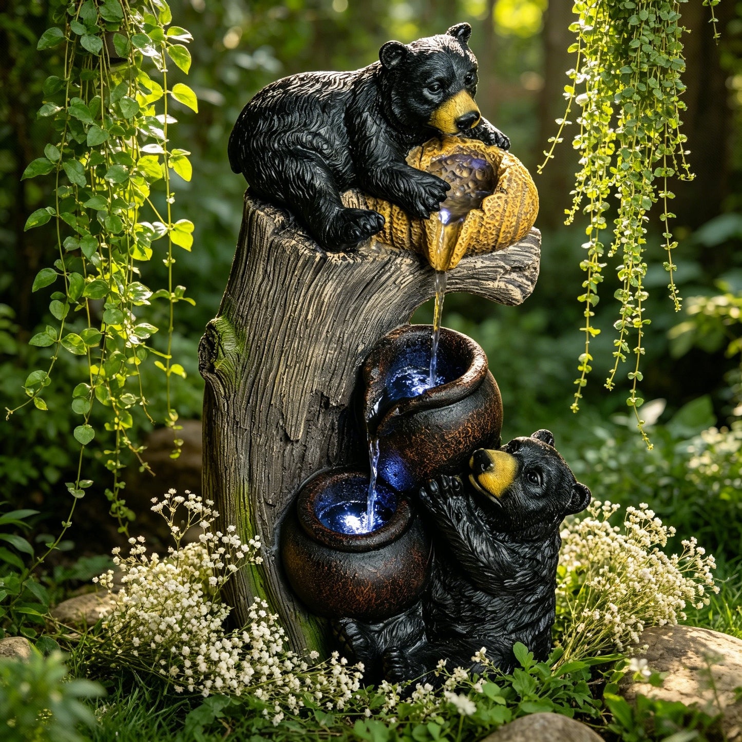 Bear Outdoor Water Fountain with LED Lights, Cascading Garden Decor, 23.6 Inches