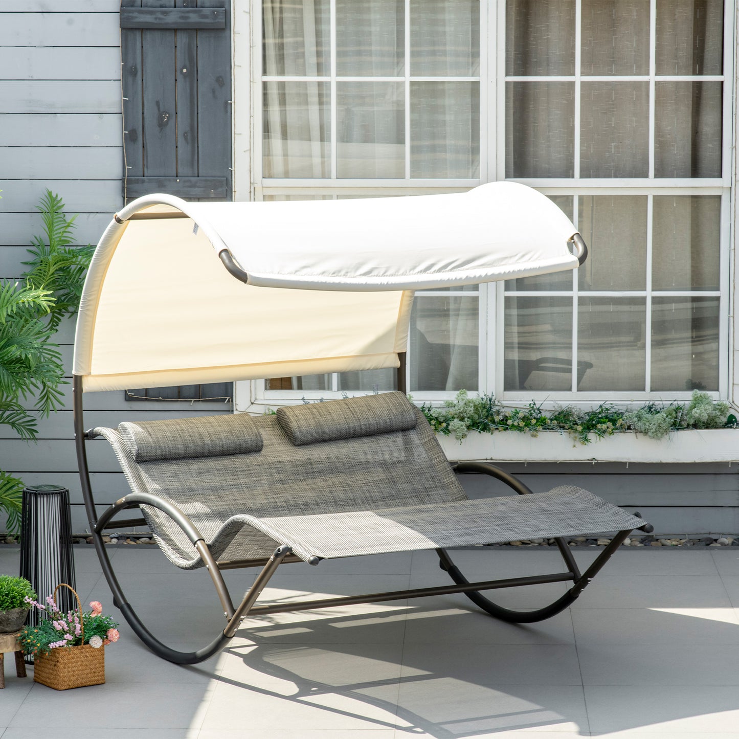 Outdoor Double Chaise Rocking Chair with Canopy and Pillow - Light Gray