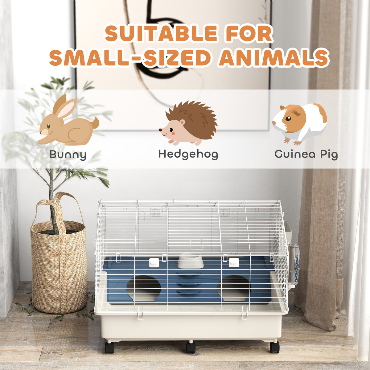 Small Animal Cage with Water Bottle & Hay Feeder for Rabbits Guinea Pigs Hedgehogs 35x35x25 Inches