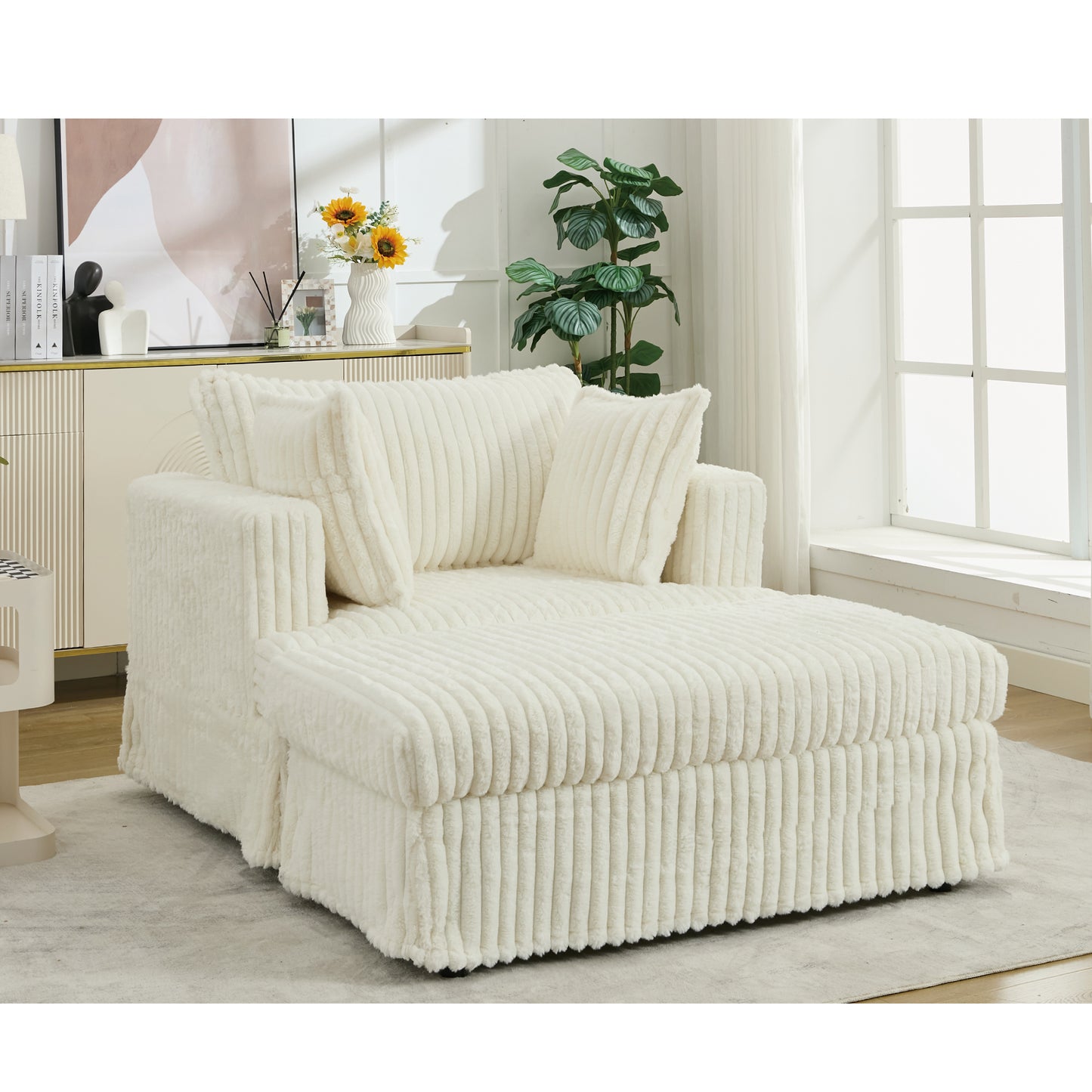Oversized Corduroy Chaise Longue with Ottoman - Beige