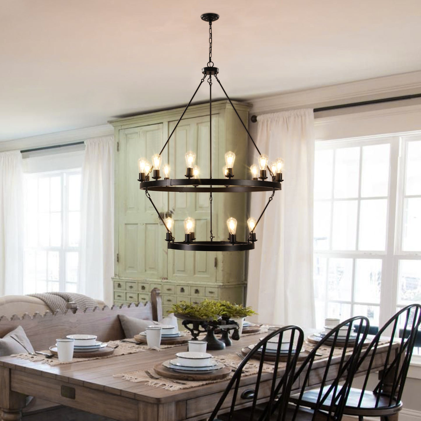 Large 2-Tier Circular Ironwork Chandelier - Retro Style