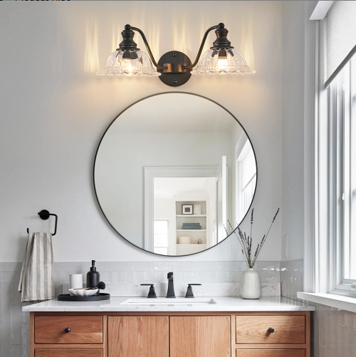 20 Inch 2-Light Vintage Bathroom Wall Sconce - Black Metal & Glass Vanity Light