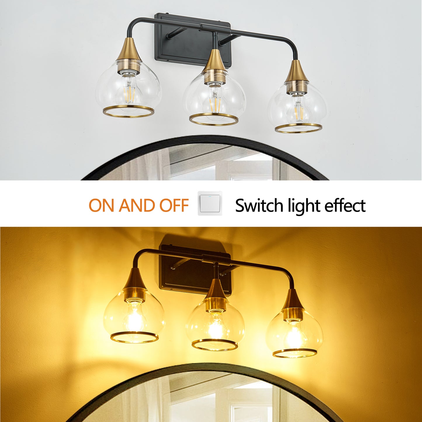 Modern 23in Black and Gold Wall Sconce with Clear Glass Shades - Vanity & Bathroom Light Fixture