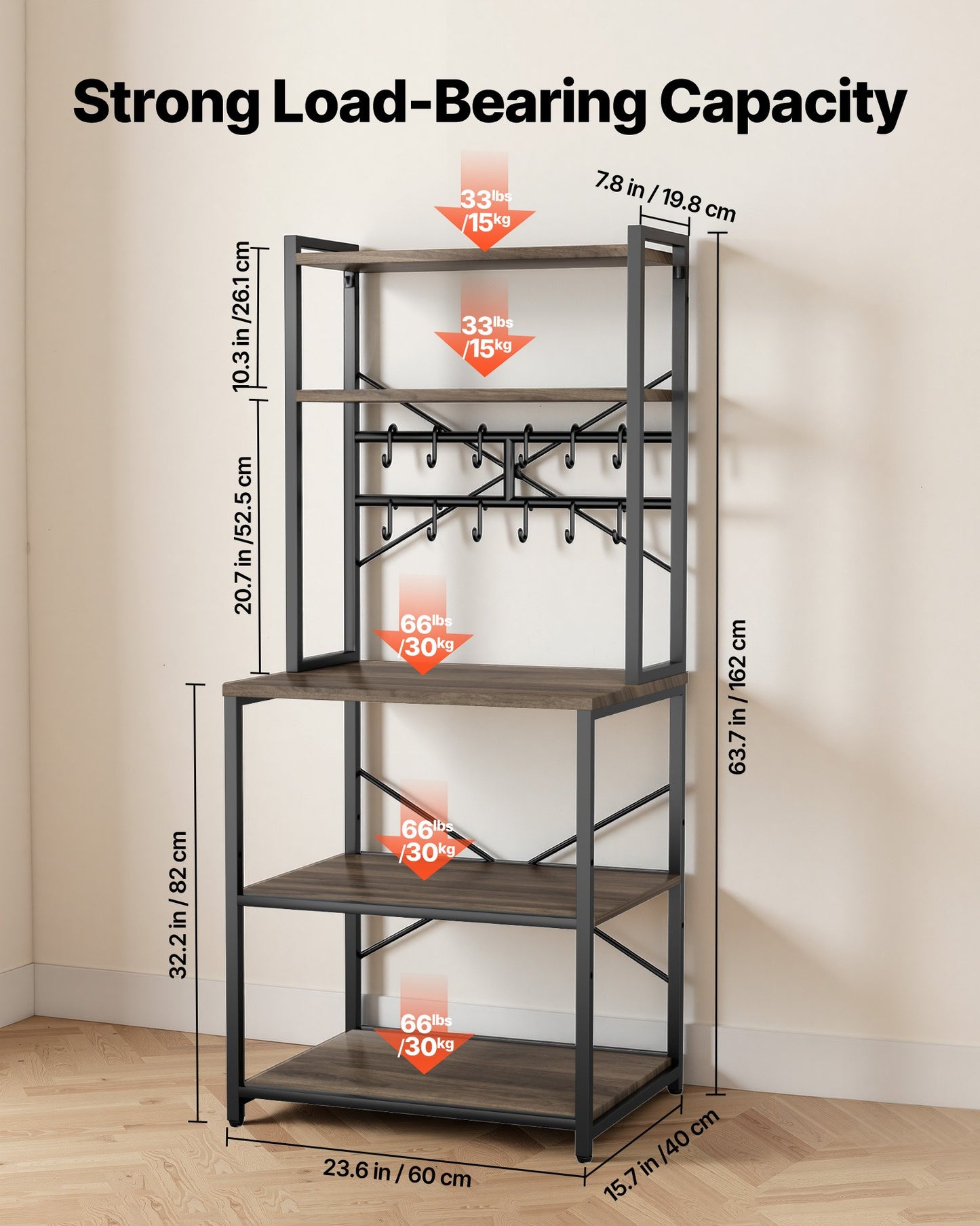 Kitchen Bakers Rack with X-Shaped Support and Hooks, 23.6 Inch Width, Black