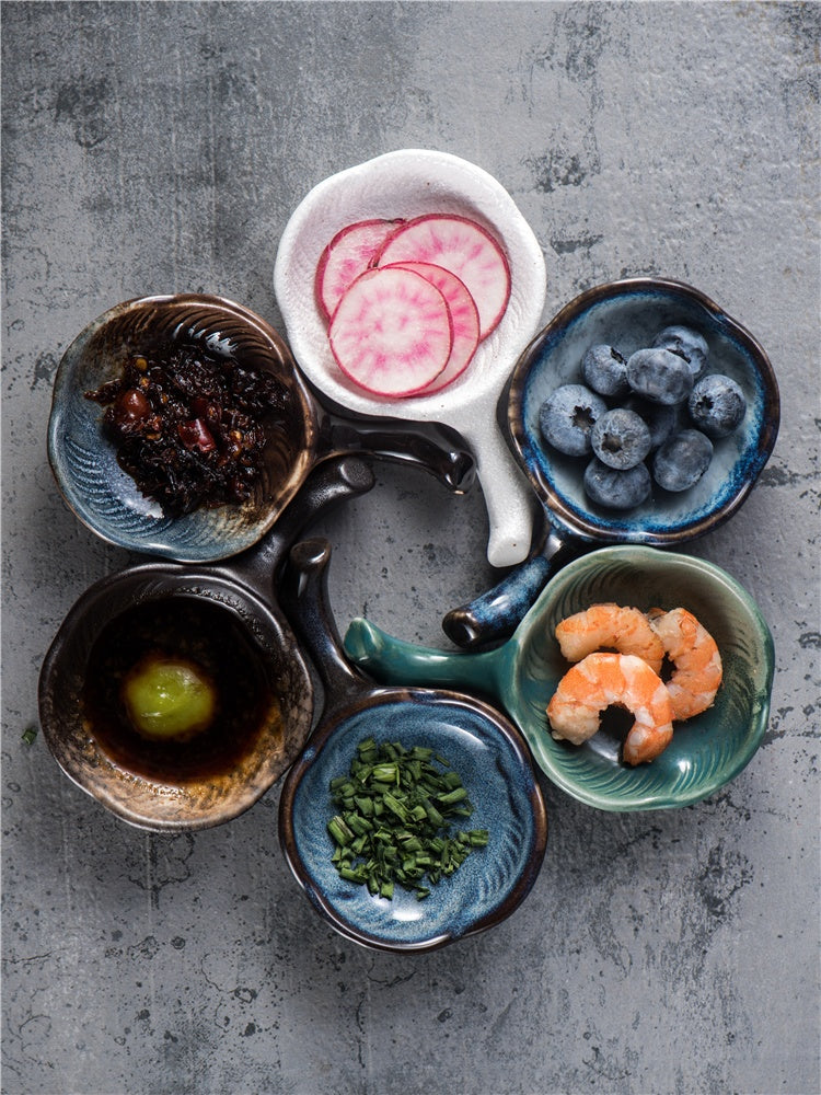 Ceramic Sauce Dipping Dish with Handles - Japanese Retro Style, Various Colors
