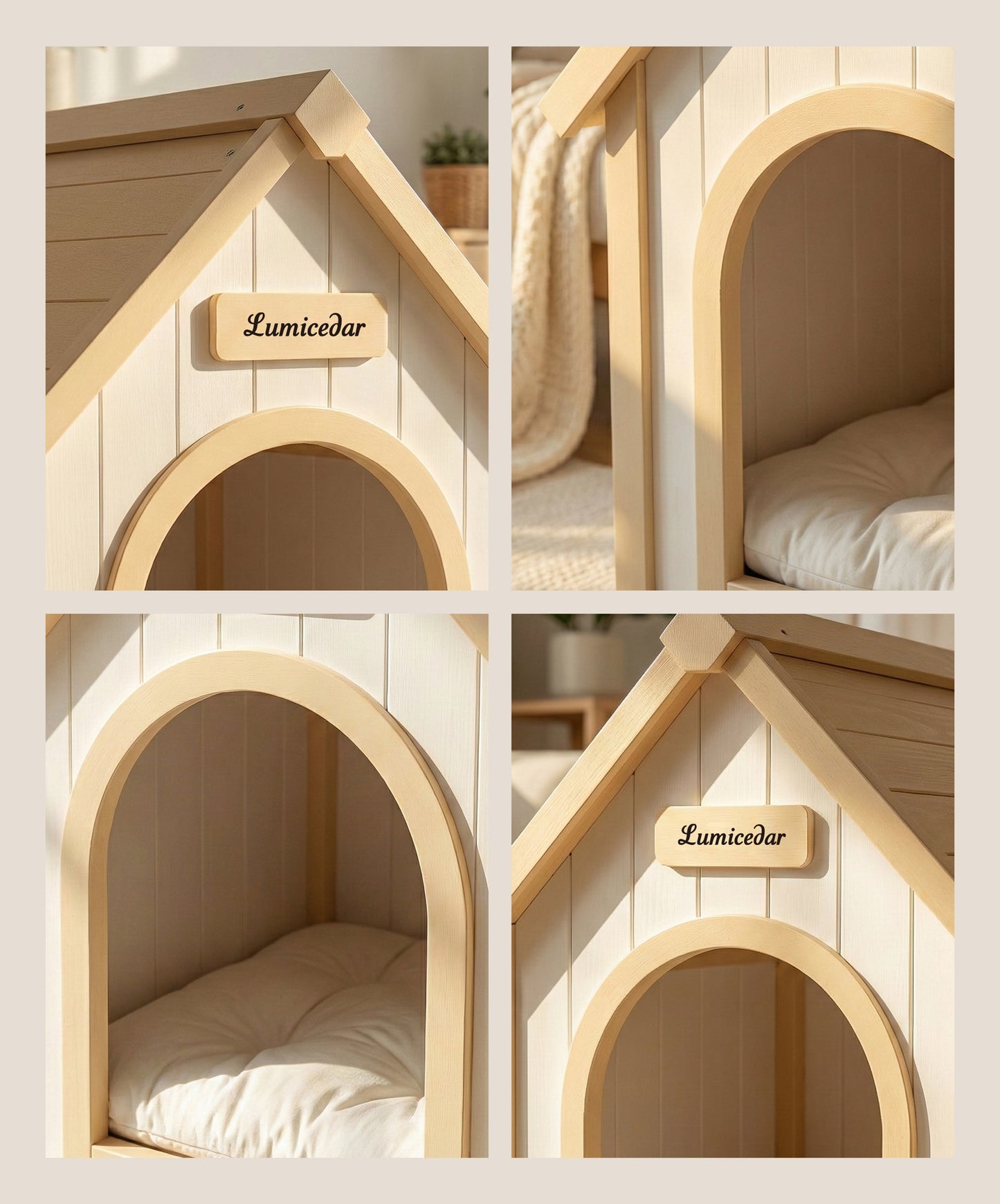 Indoor Wooden Dog House with EVA Cushion - Small Pet Shelter in Creamy White
