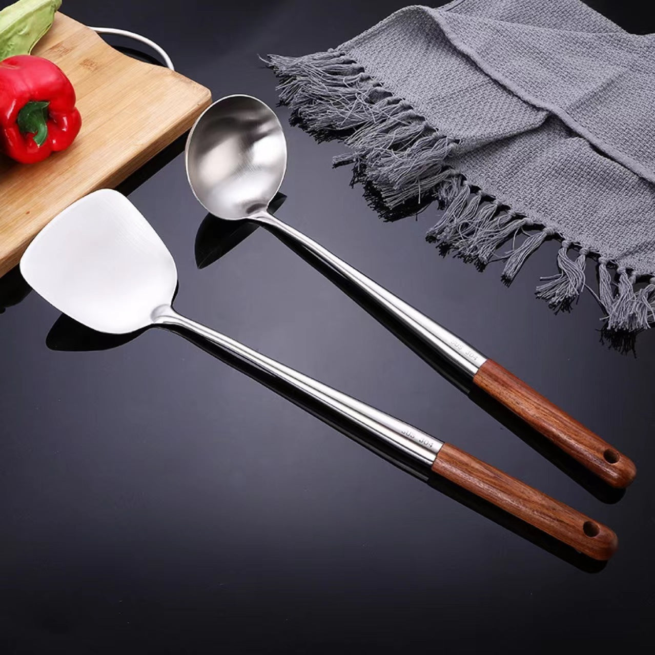 Stainless Steel Kitchen Utensil Set with Rosewood Handles - 4 Pieces