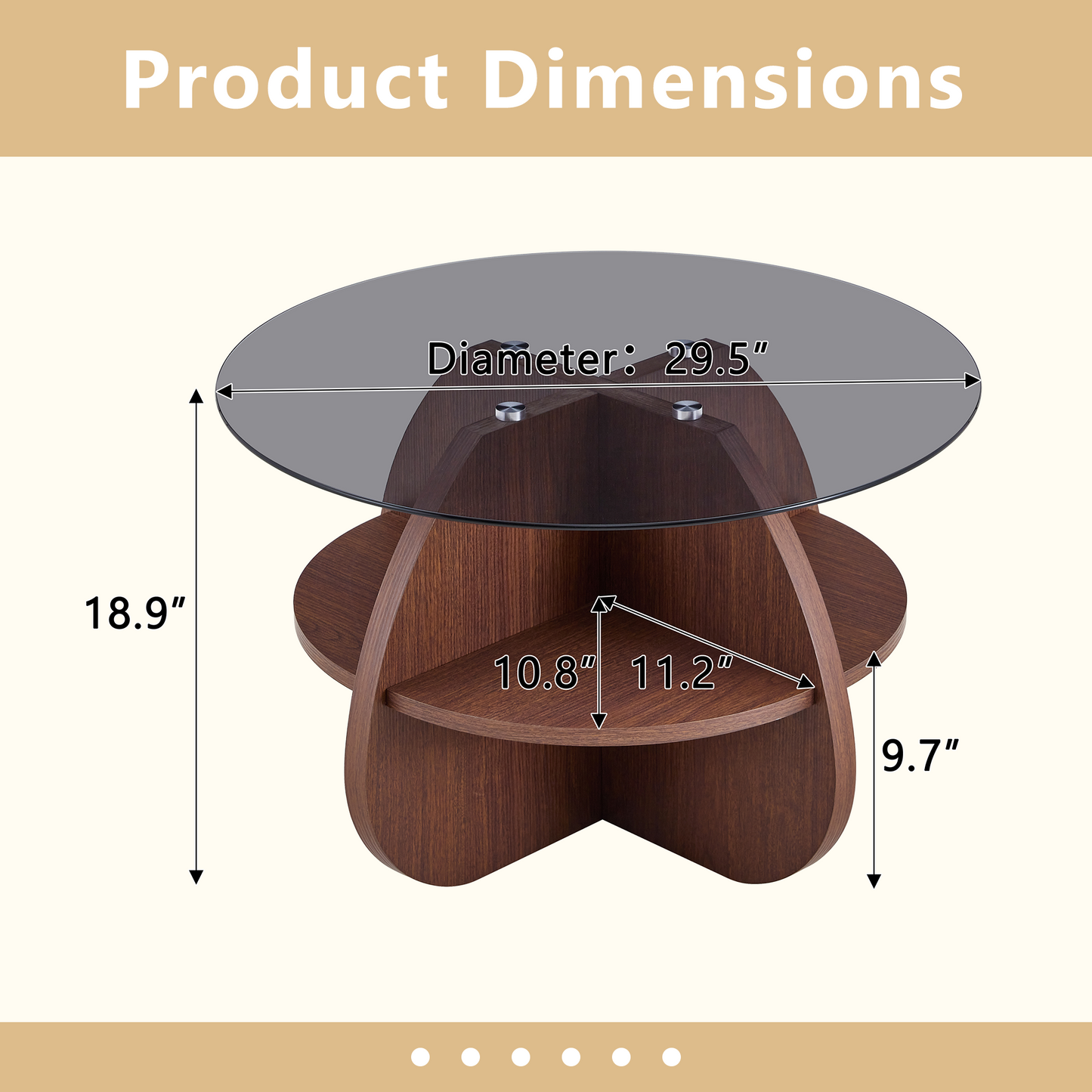 Round Coffee Table with Gray Tempered Glass Top & Walnut Storage