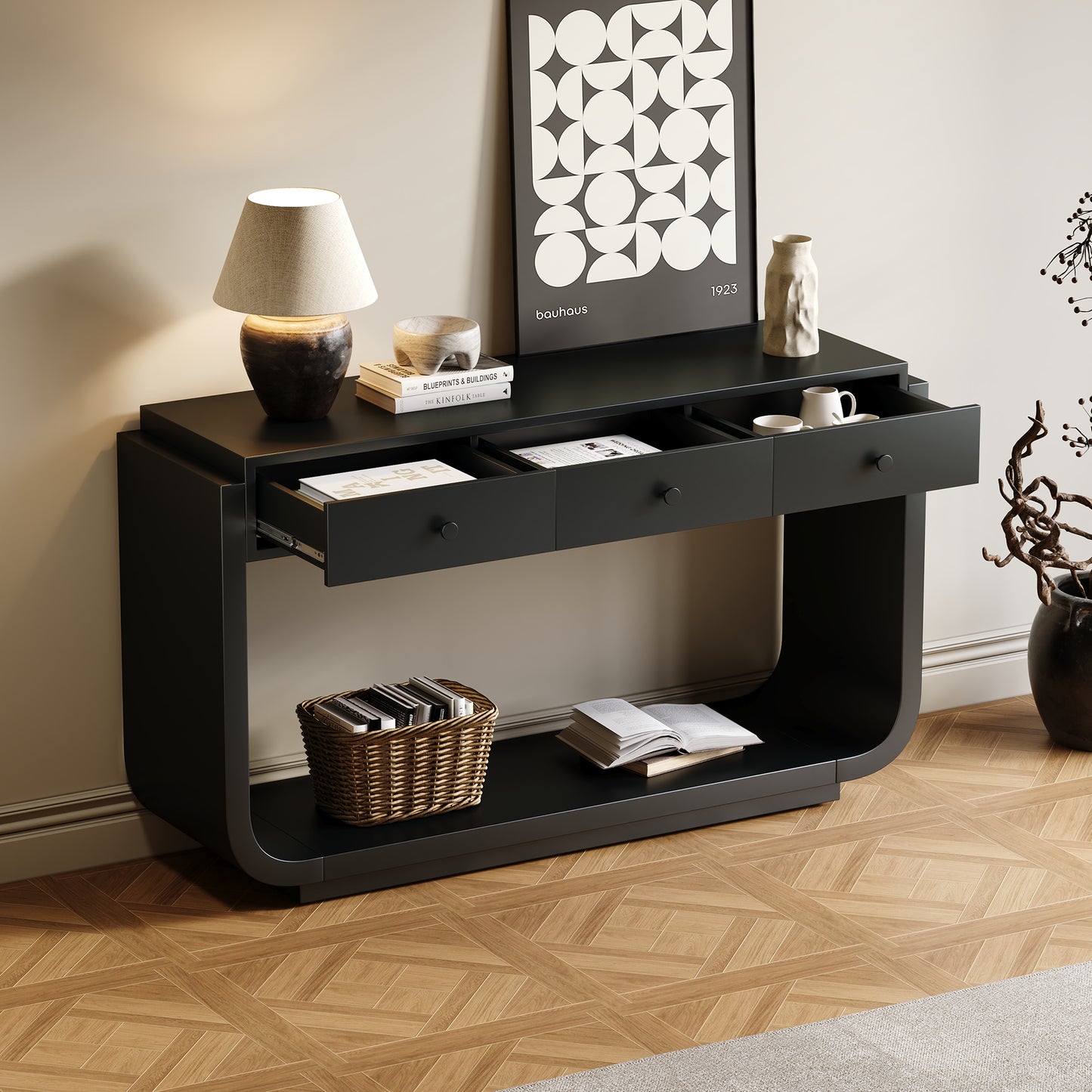 Classic Console Table with 3 Storage Drawers - Black