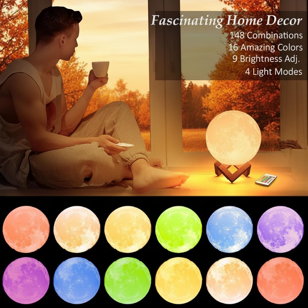 16-Color LED Moon Lamp with Stand and Remote - Night Light for Bedroom