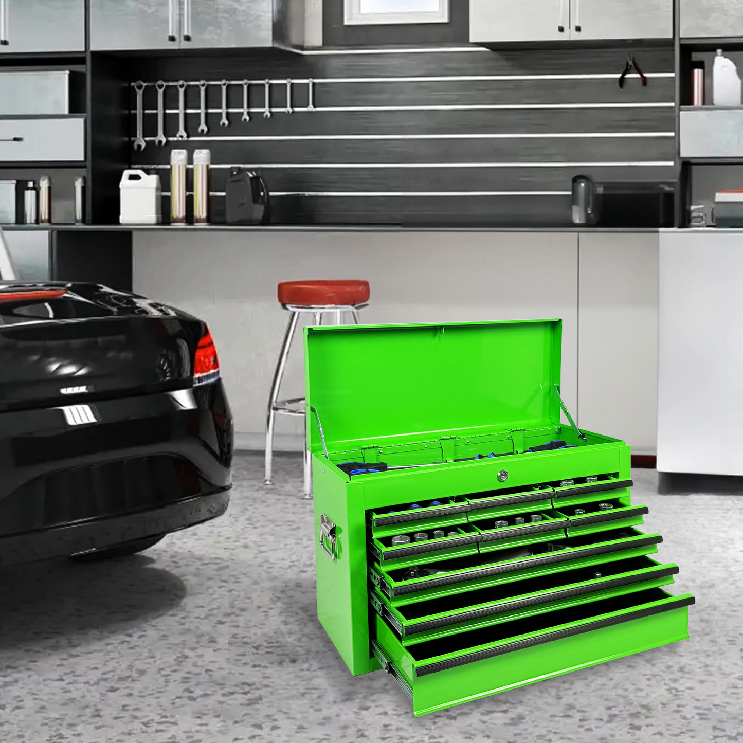 Heavy Duty Metal Tool Box 24 Inch with 9 Drawers - Portable Steel Organizer in Green