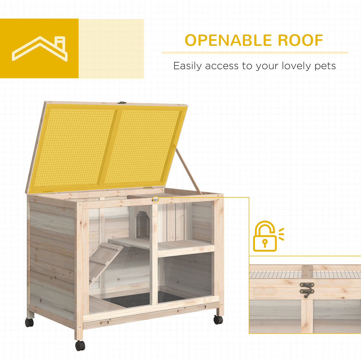 Wooden Rabbit Hutch with Wheels, Openable Roof, Waterproof Small Animal Cage