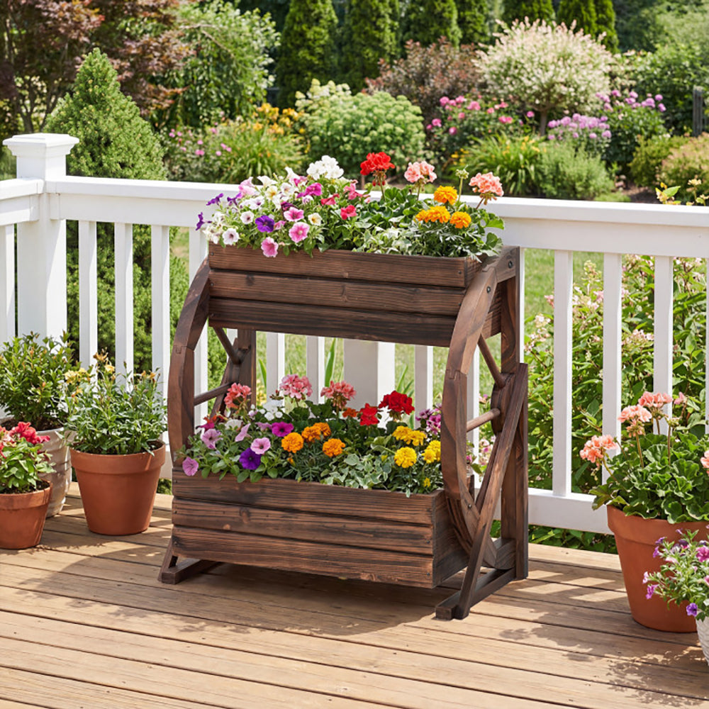 2-Tier Rustic Wooden Garden Bed with Drainage Holes - Coffee