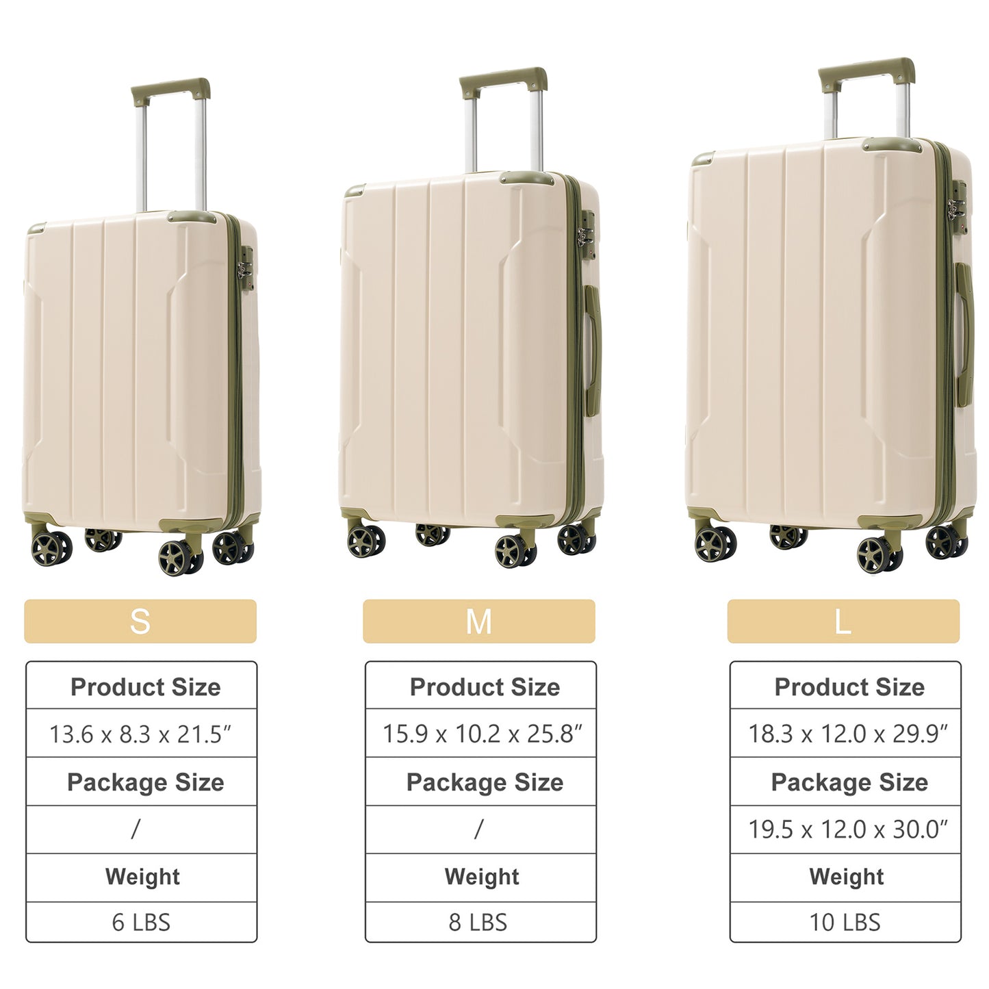 Expandable 3-Piece Luggage Set - Hard Shell ABS Suitcases with TSA Lock, 20/24/28 inch - White Green