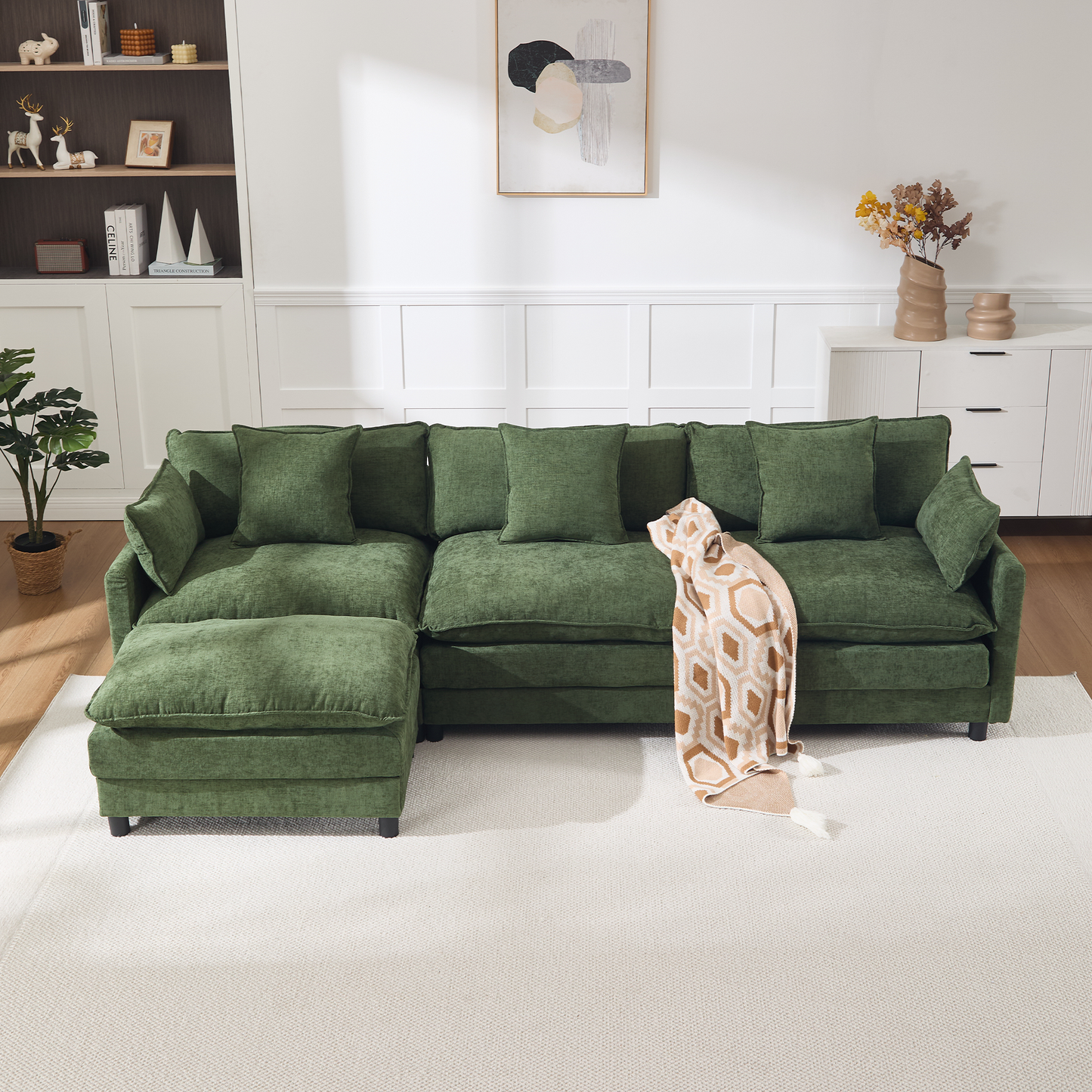 108" L-Shaped Modern Chenille Sectional Sofa with Ottoman - Green
