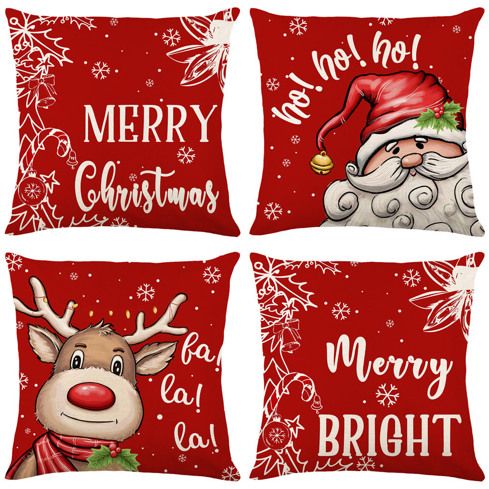 Christmas Elk Santa Linen Cushion Cover 45x45cm Nordic Holiday Decor