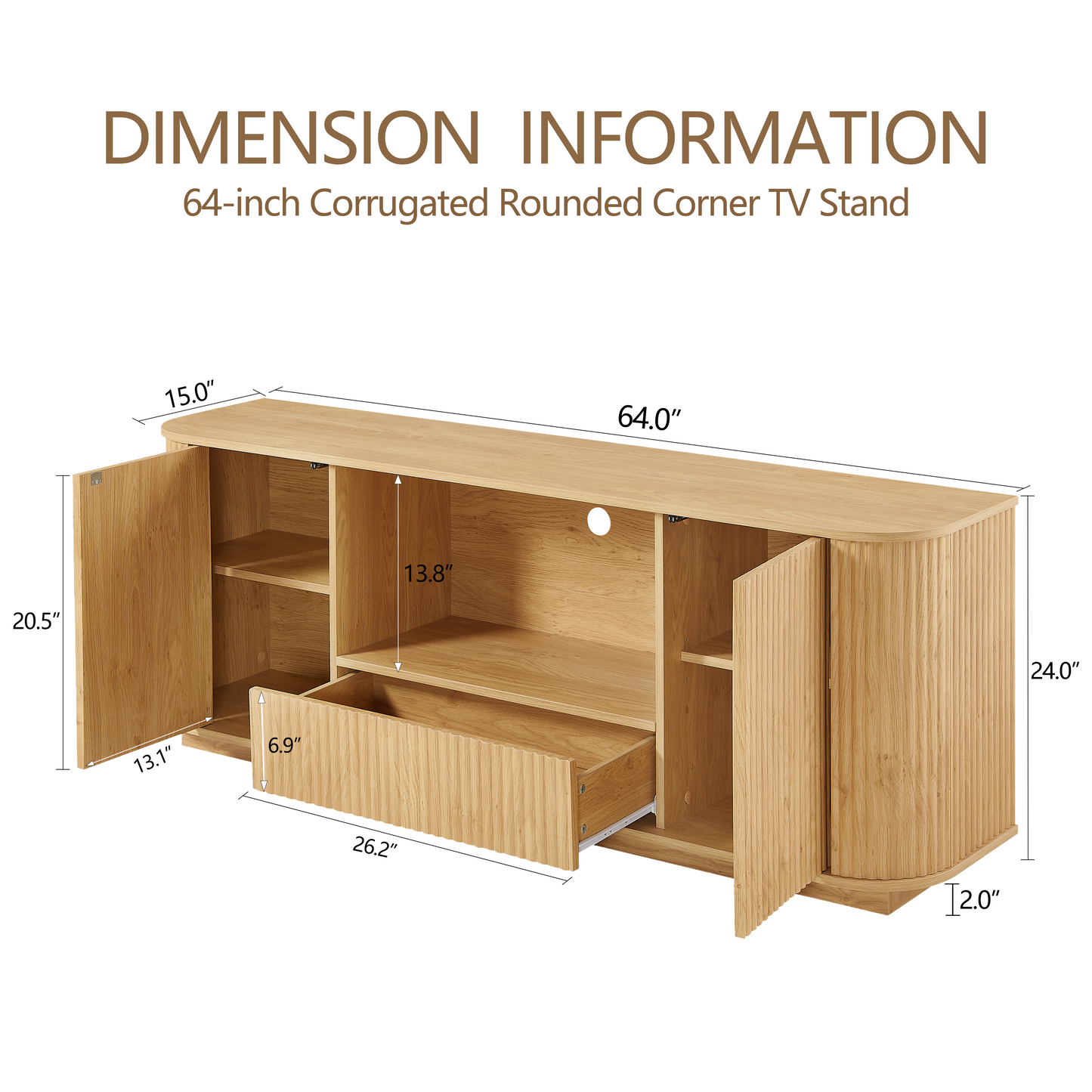 64-Inch Wavy TV Stand - Modern Storage Cabinet in Natural