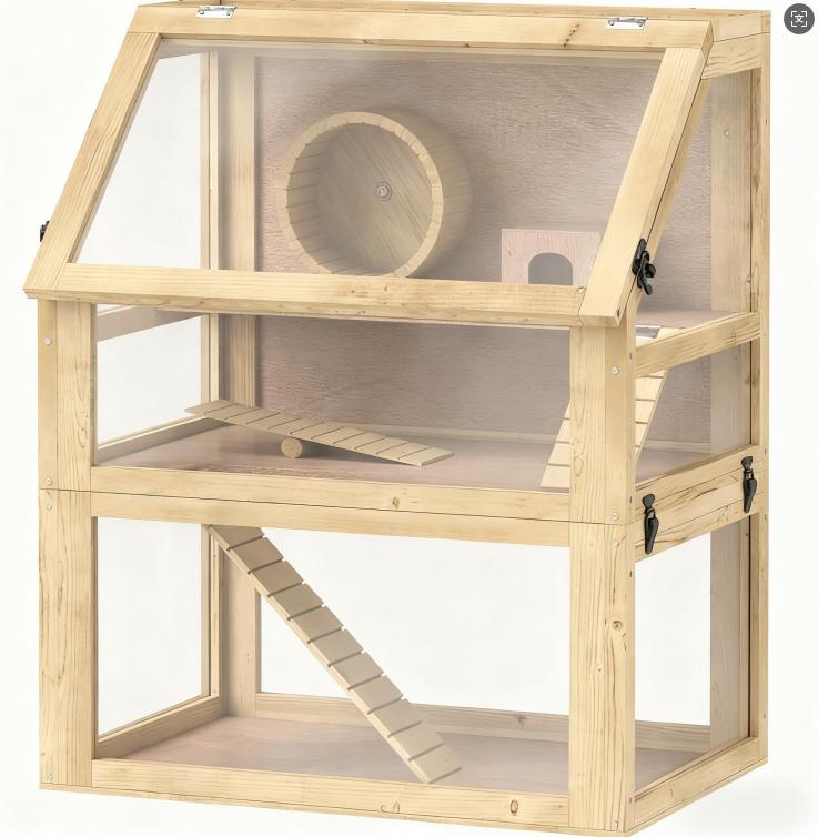 3-Tier Wooden Hamster Cage with Detachable Bottom - Natural Wood