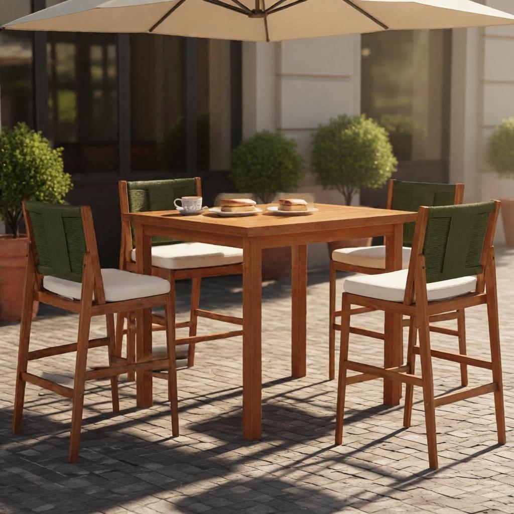4-Piece Outdoor Bar Stool Set - Solid Acacia Wood & Wicker