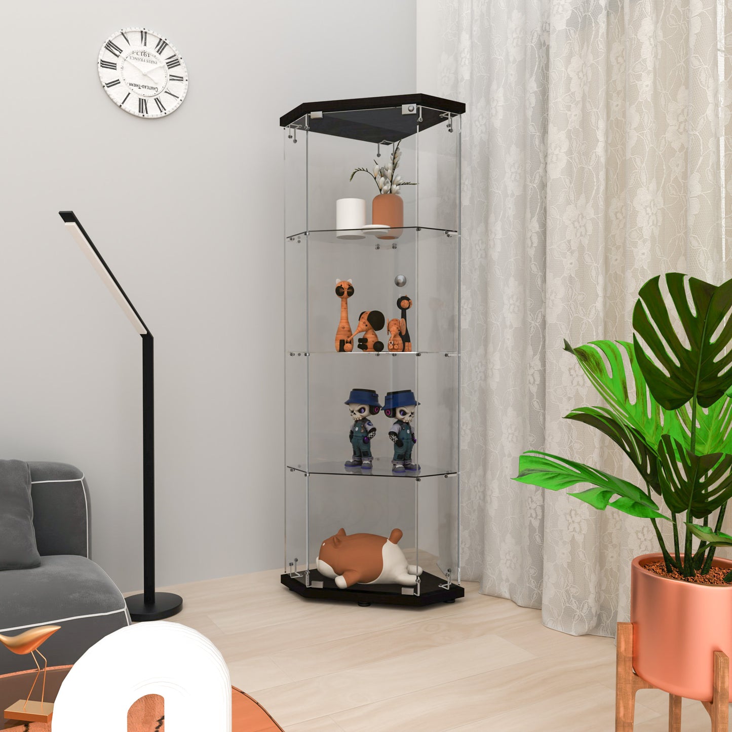 Glass Display Cabinet With 4 Shelves,Pentagon,Curio Cabinets For