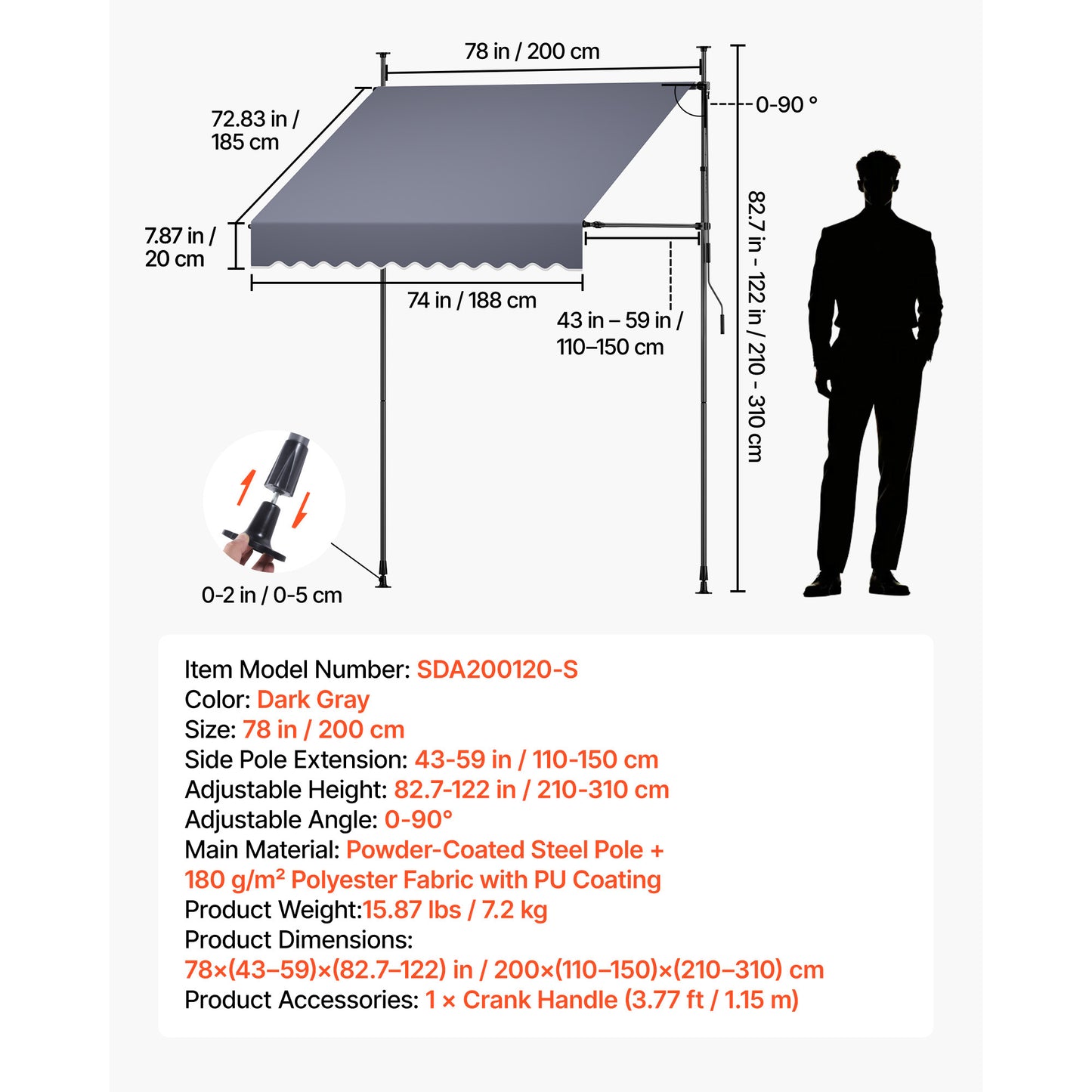 Manual Retractable Patio Awning 78" Sunshade Shelter with Crank Handle - Dark Gray