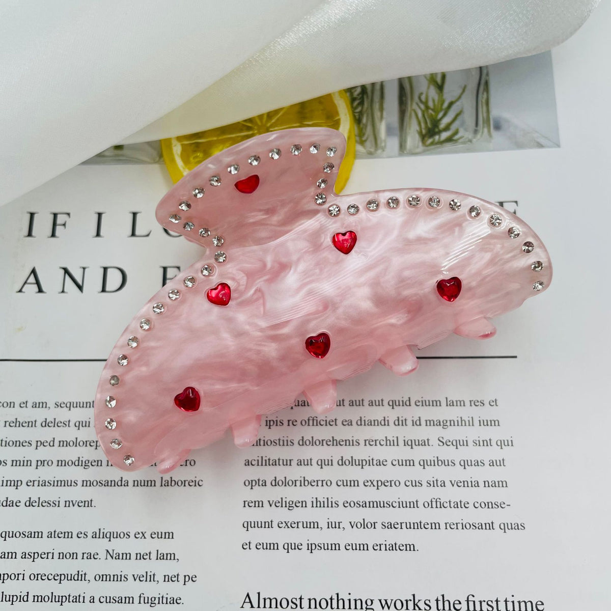 Rhinestone Love Heart Hair Clip - Pink, 10cm