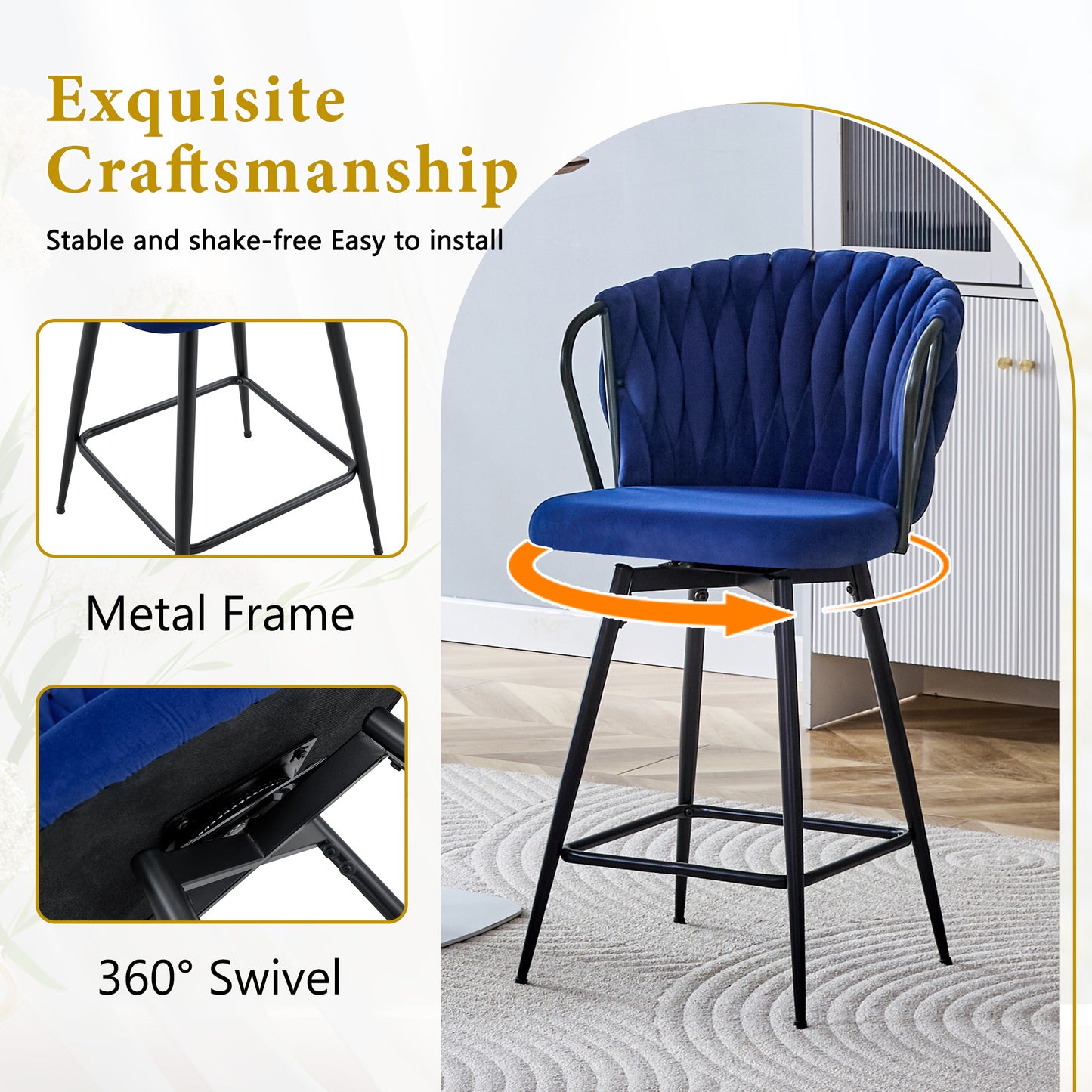 Set Of 2 Modern Velvet Braided Bar Stool With Metal Frame,