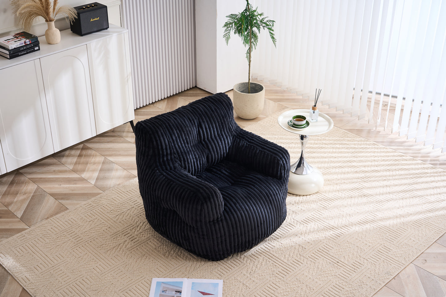 Soft Fluffy Corduroy Bean Bag Chair with Memory Foam - Black
